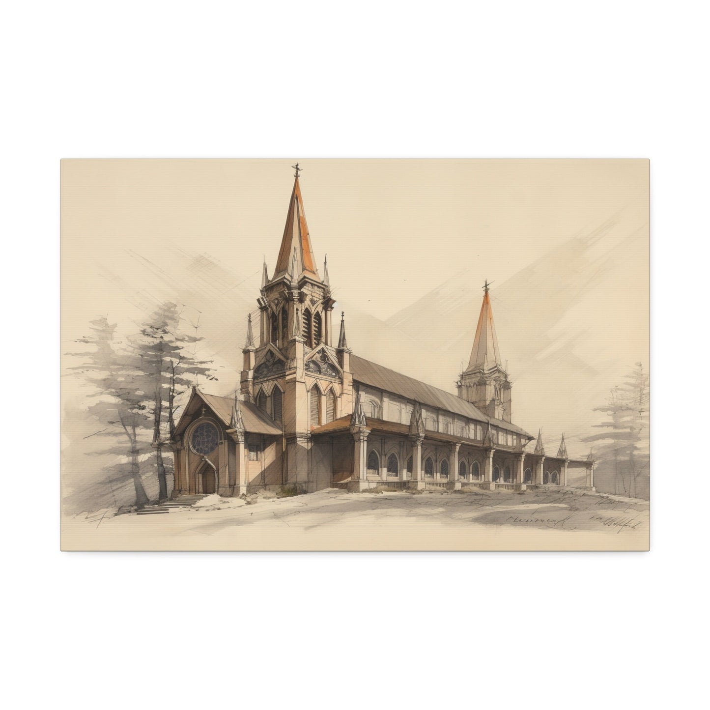 Unique wall art for college apartments or new homes | Architectural Drawing of a Church no.1 on weathered canvas | Ai Wall Art