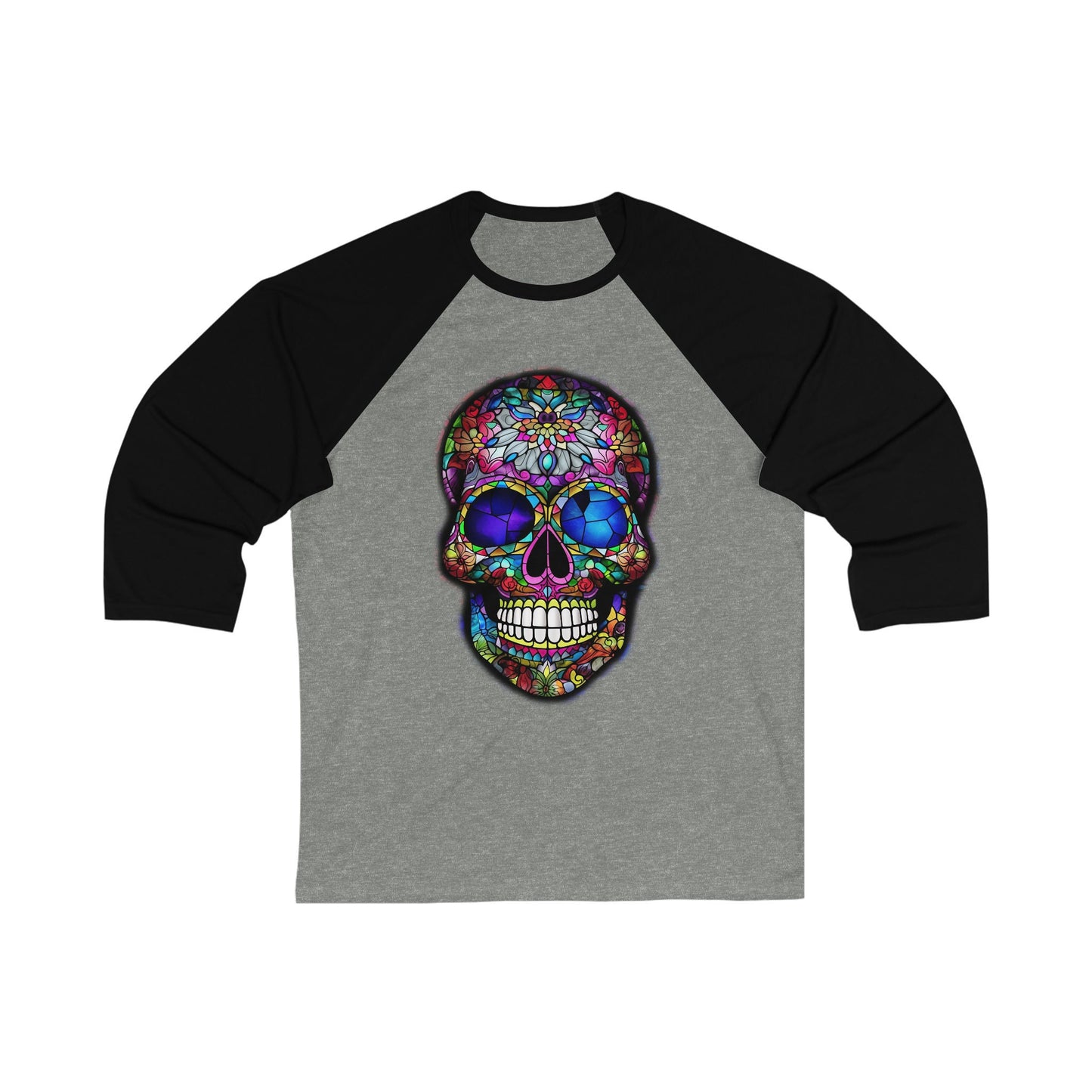 Coolest shirt ever. Unique Baseball Tee With a Stained Glass Mexican Sugar Skull Design. You want a shirt no one else will have? It's here!