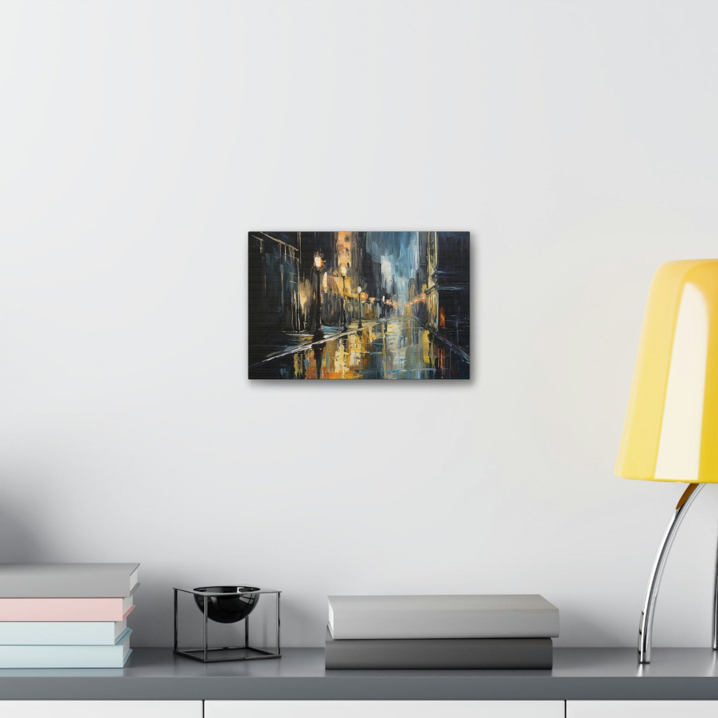 Impressionistic style Ai Wall Art. Sodden City, shows a dark and wet street scene bursting with reflections and soaked to the bone.