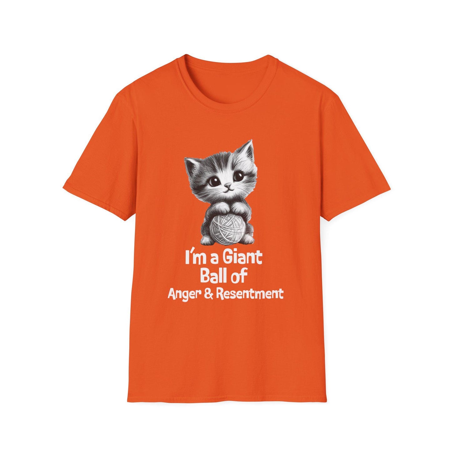 Funny Cat Tshirt - Unisex Softstyle Tee with 'I'm a giant ball of anger and resentment' - Cute Kitty Graphic, Cat Lover Gift, Sarcastic Tee,