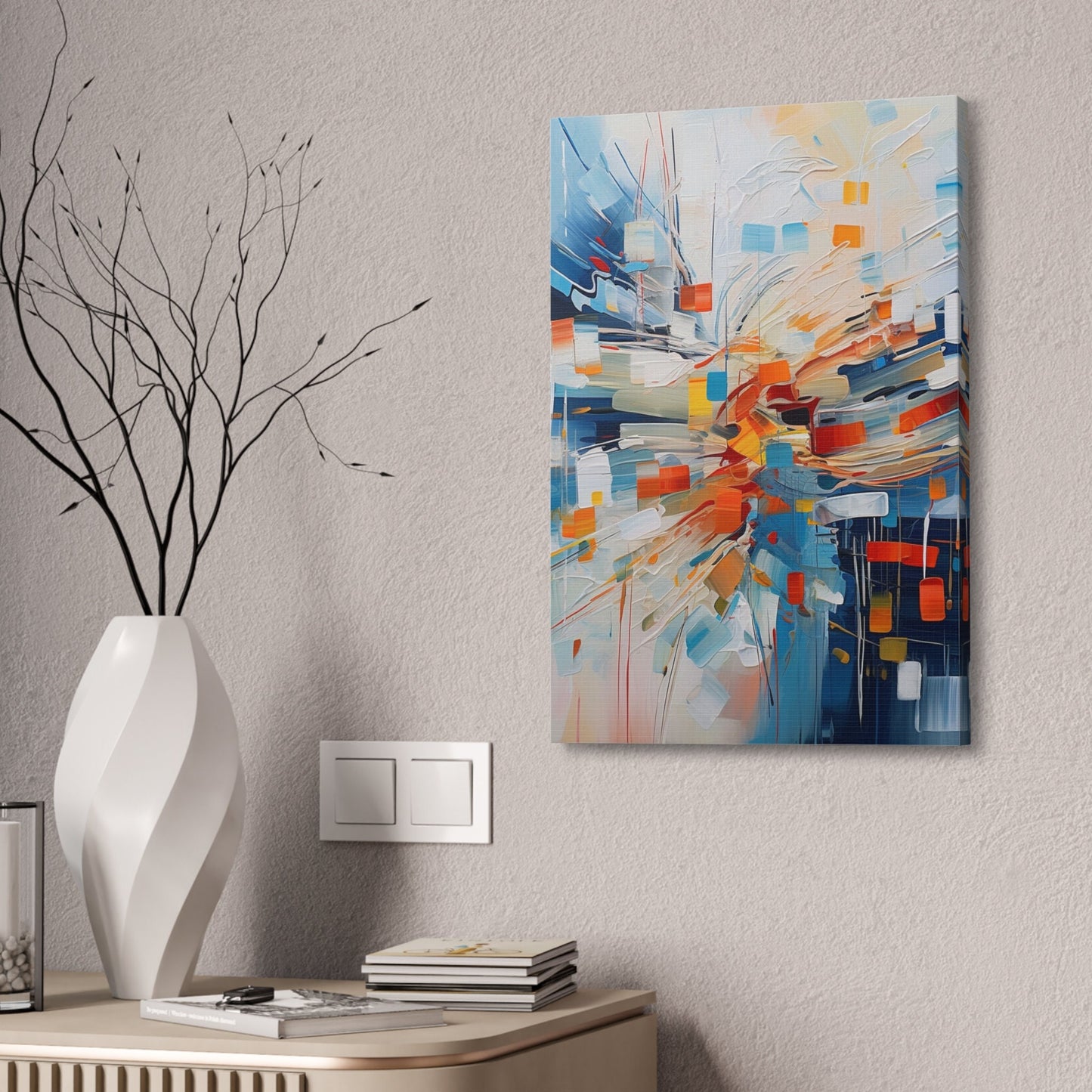 Unique wall art for college apartments or new homes | Abstract Textured Painting Print of White Noise with Red, Blue, and Orange  | Ai Art
