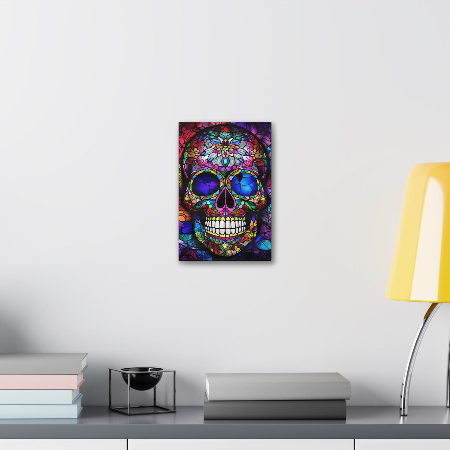 Vibrant Stained Glass Mexican Sugar Skull Print. Unique Wall Art for your Home, Apartment, Dorm Room. Folk Art Inspired Home Decor.