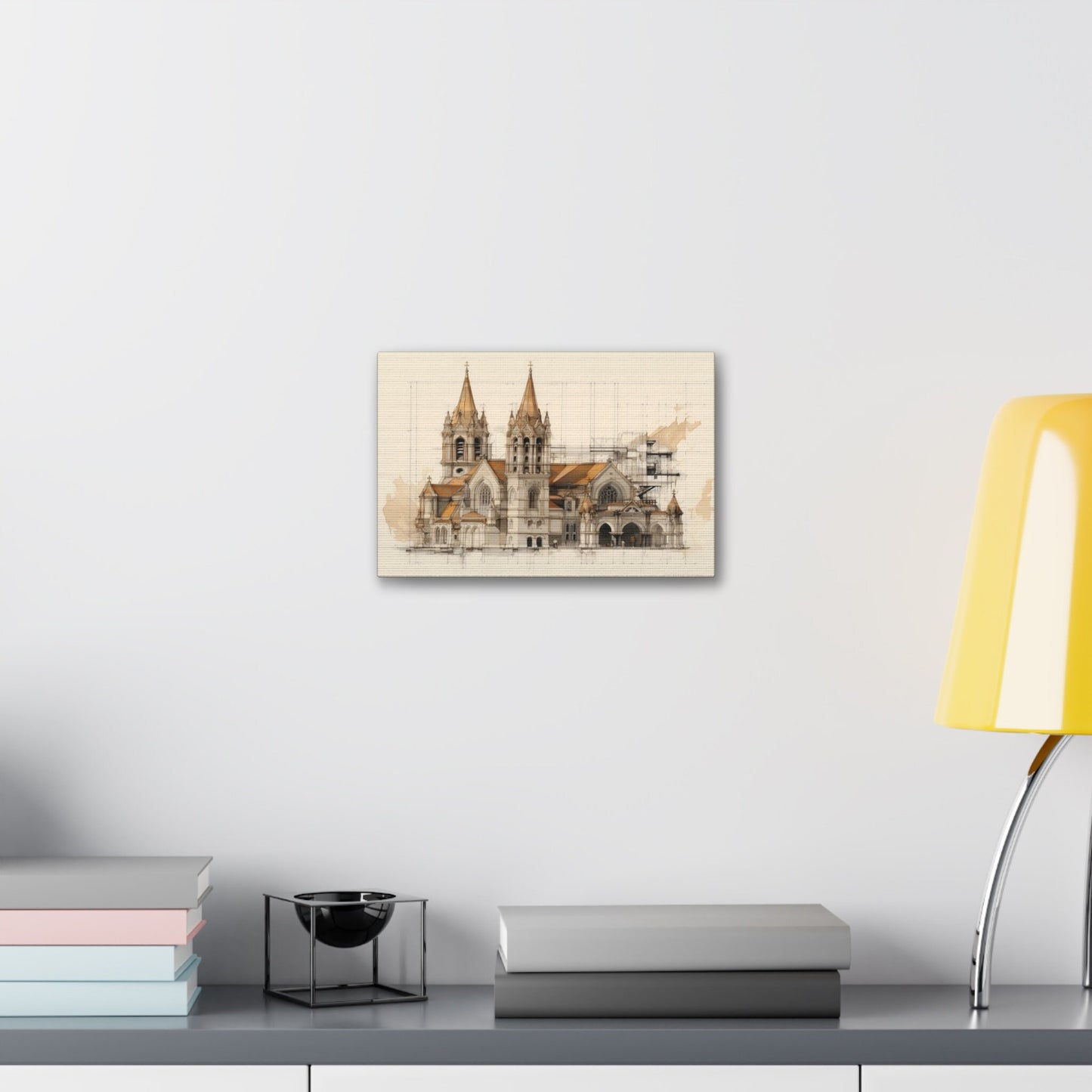 Unique wall art for college apartments or new homes | Architectural Drawing of a Church no.4 on weathered canvas | Ai Wall Art