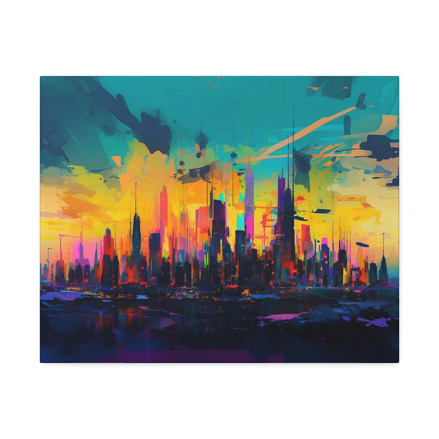 City skyline with a backdrop of bright neon colors exploding from a sunset. This impressionist style Ai Wall Art print makes an impact.