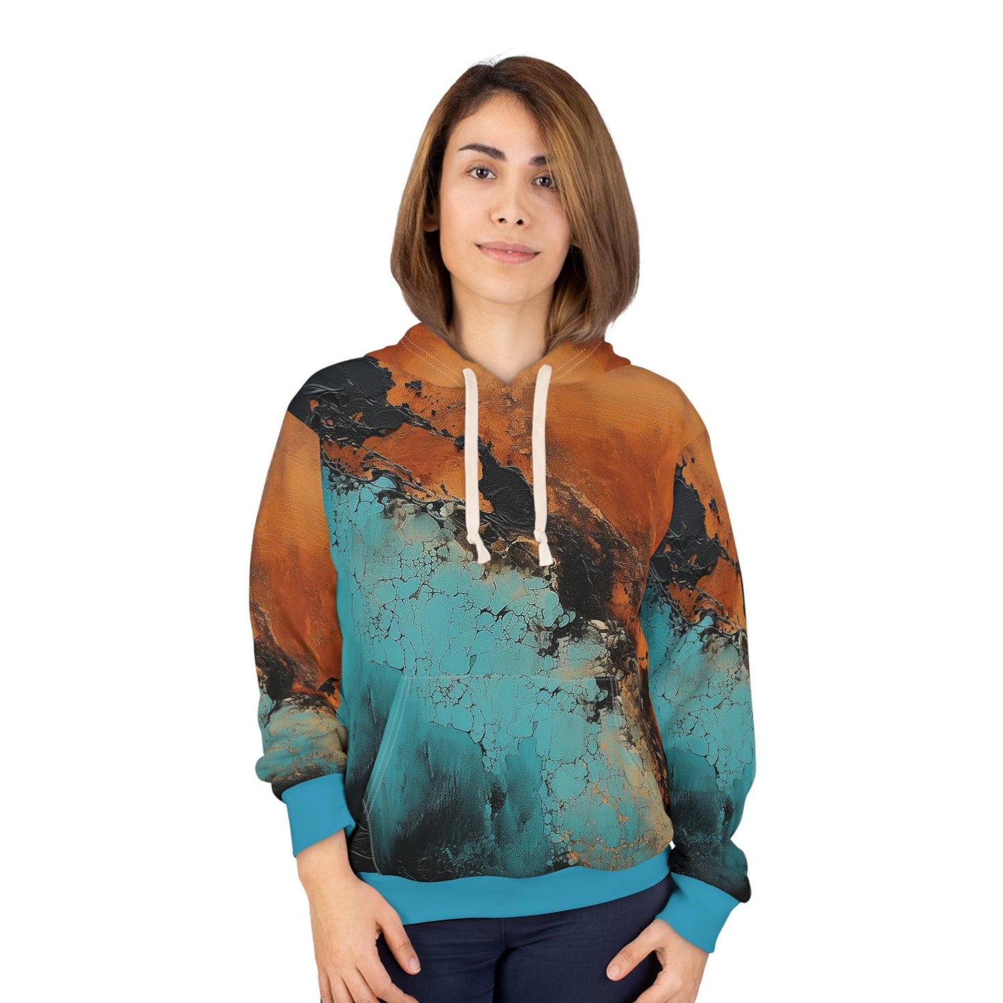 Rust Teal Black Orange Abstract Art Unisex Pullover Hoodie, Trendy Hoodie, Cool Sweatshirt, Unique Hoodie, Artistic Gift for art lovers.