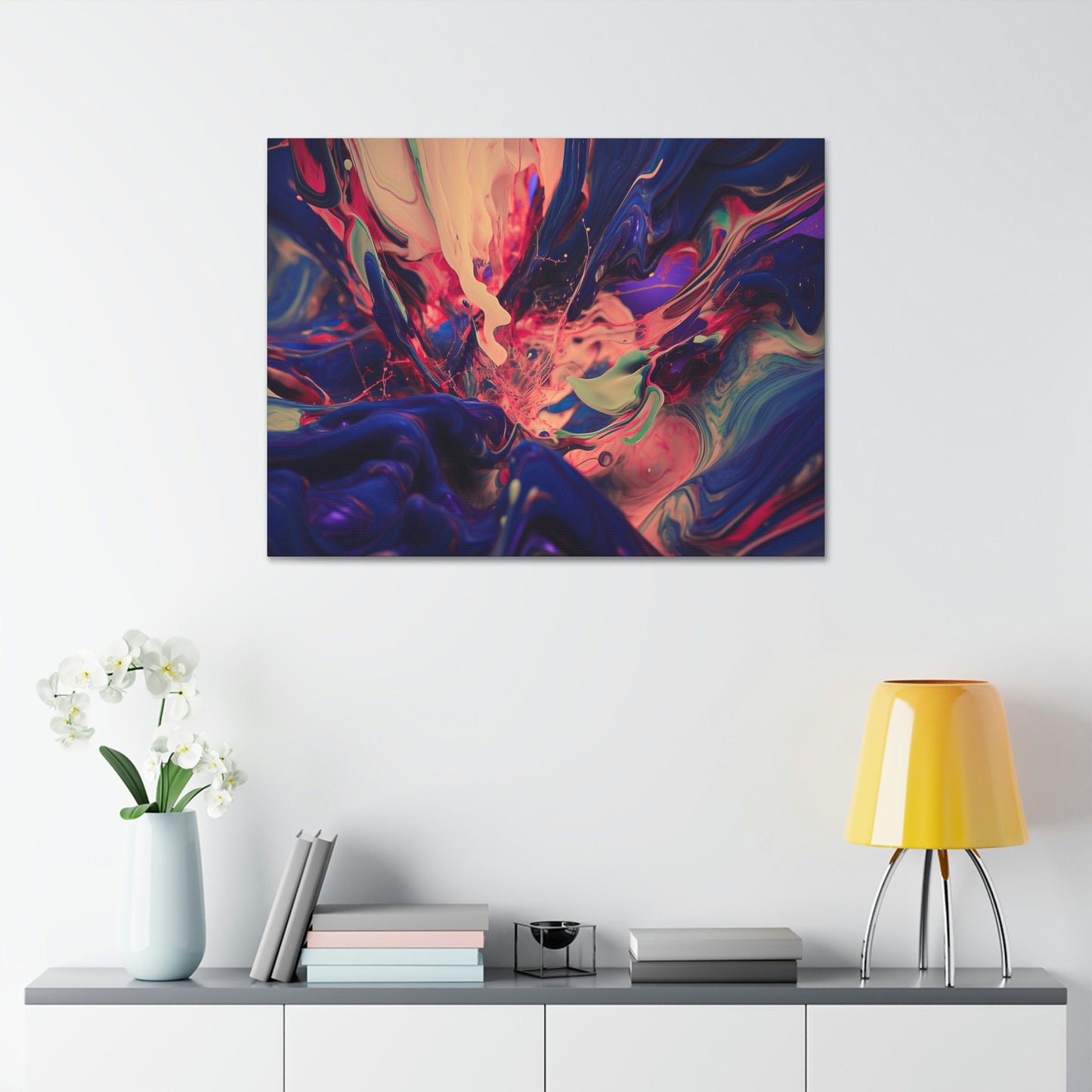 Purple Paint Tsunami: Ai Wall Art Print with purple, pink, peach, gray and blue shades. Similar to acrylic pouring technique, 3D style.