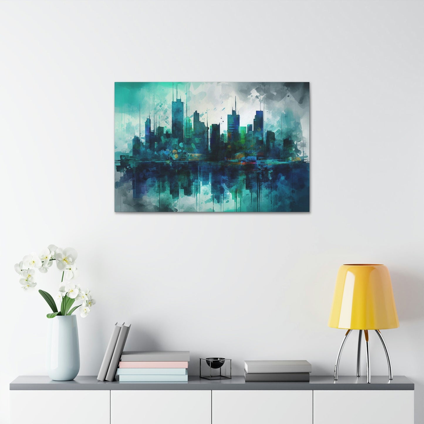 Unique wall art for college apartments or new homes | Greens and Blues of a reflected Waterfront Skyline: Ai Wall Art