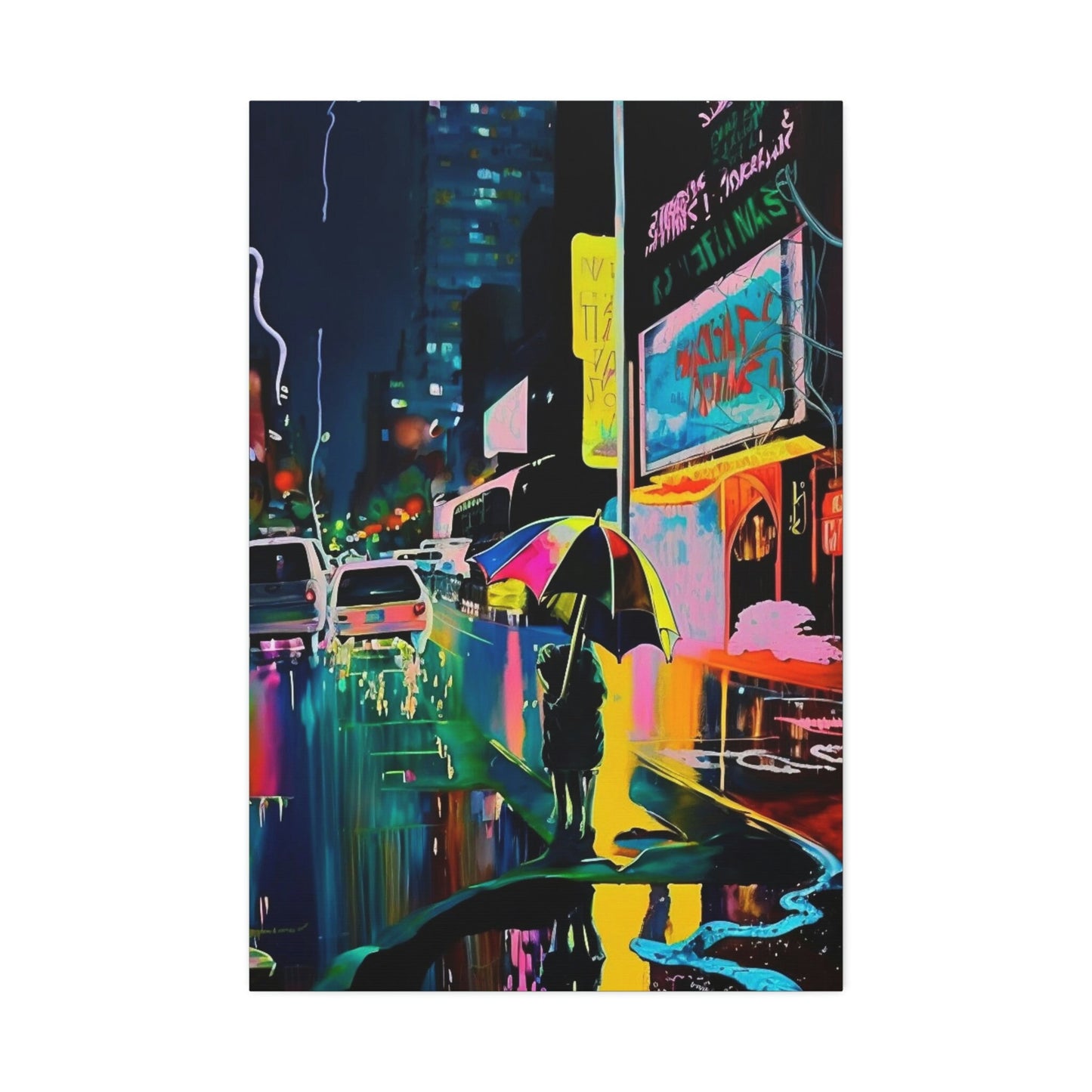 Neon city street scene. Brightly colored Ai Wall Art resembling an impressionistic painting similar to Japanese city art.