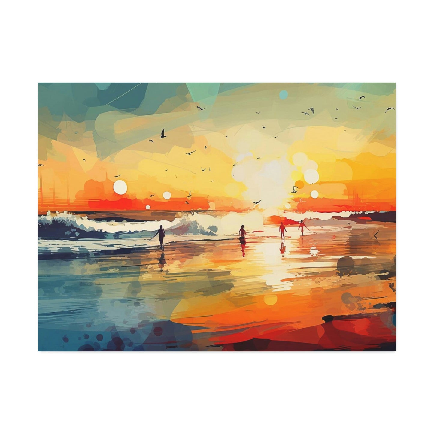 Surfer's Sunset Paradise. Ai Wall Art Impressionist style Painting Print showing a brilliant oceanside sunset .