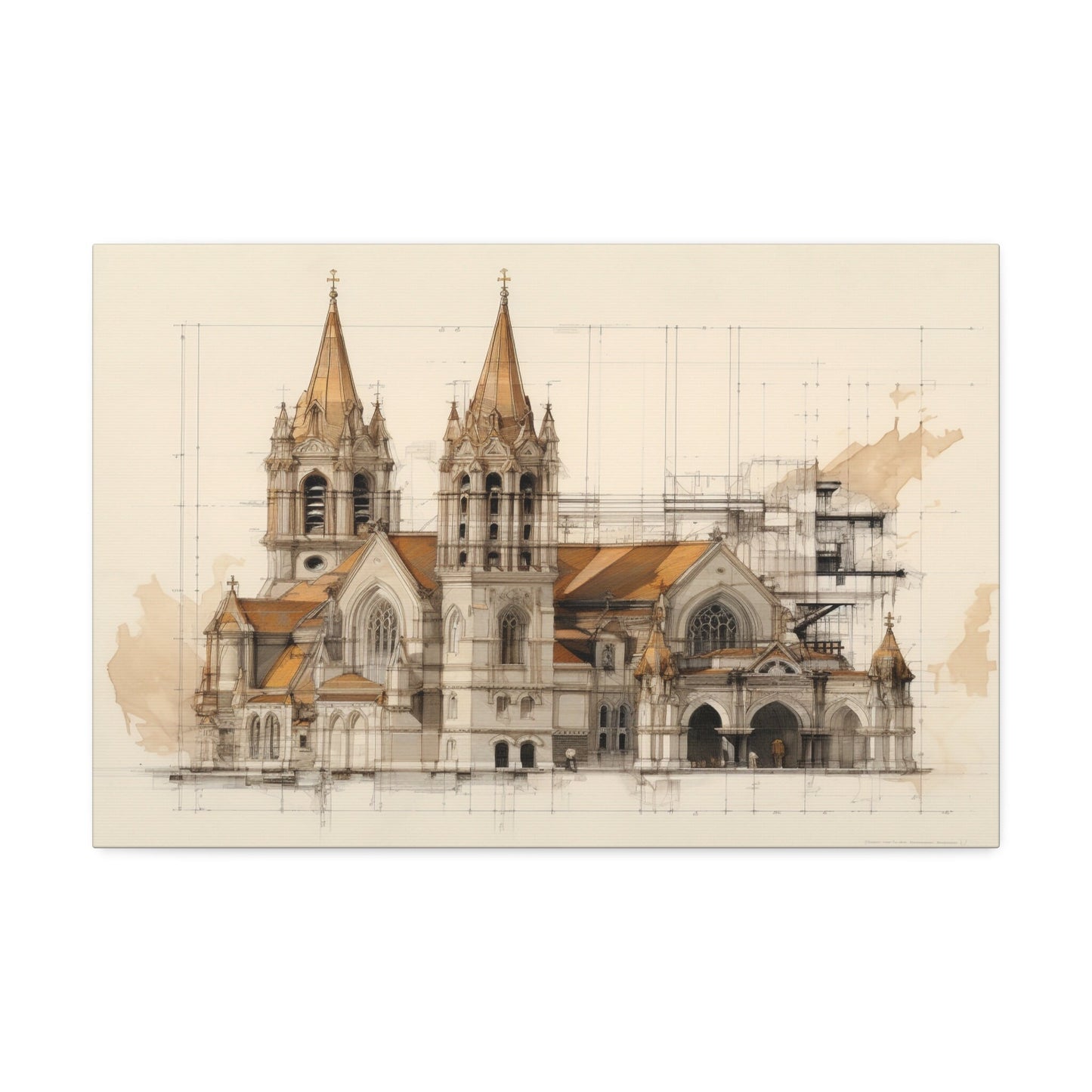 Unique wall art for college apartments or new homes | Architectural Drawing of a Church no.4 on weathered canvas | Ai Wall Art