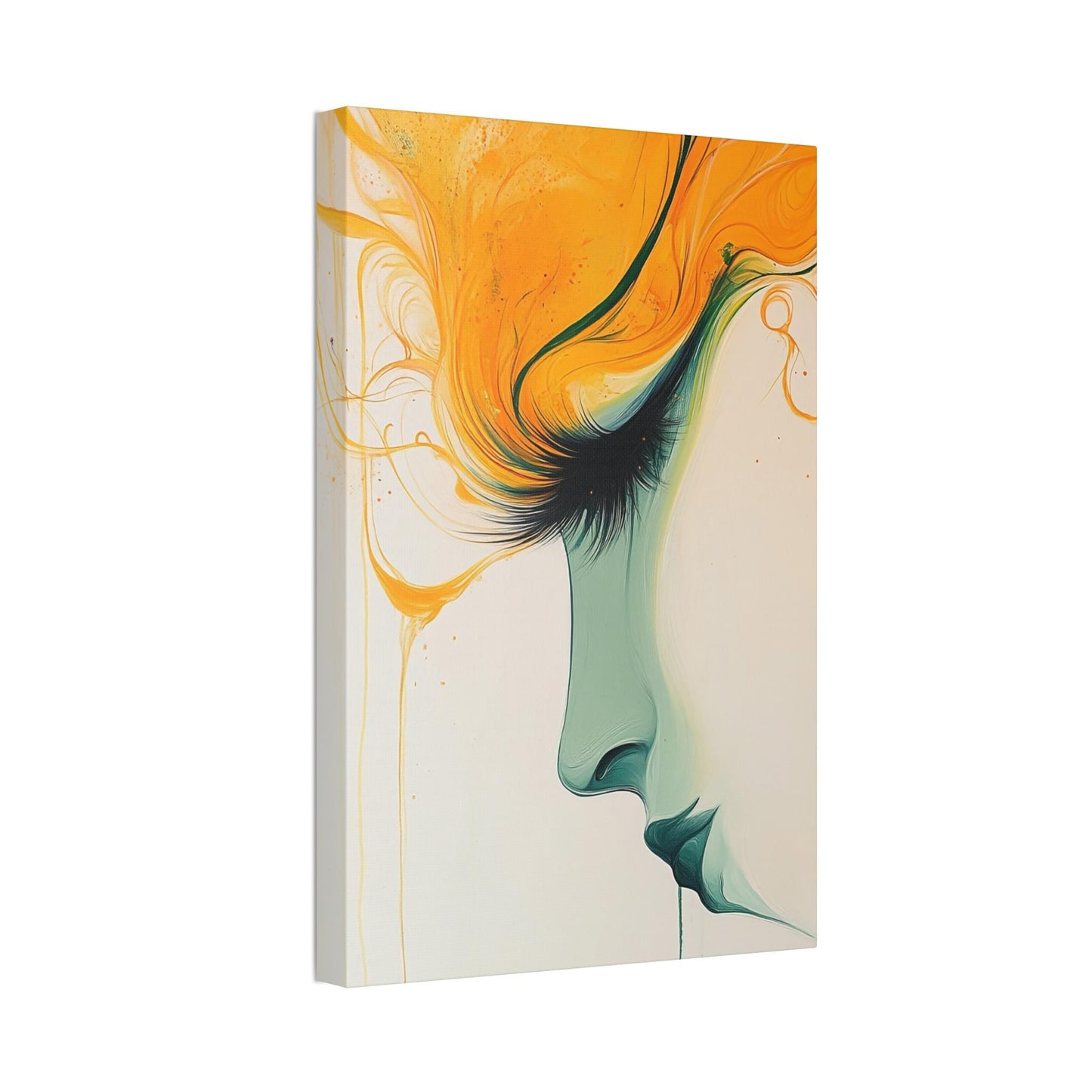 Canvas Stretched, Abstract Portrait Painting, Yellow Teal Wall Art, Modern Home Decor, Female Face Artwork, Large Canvas Print