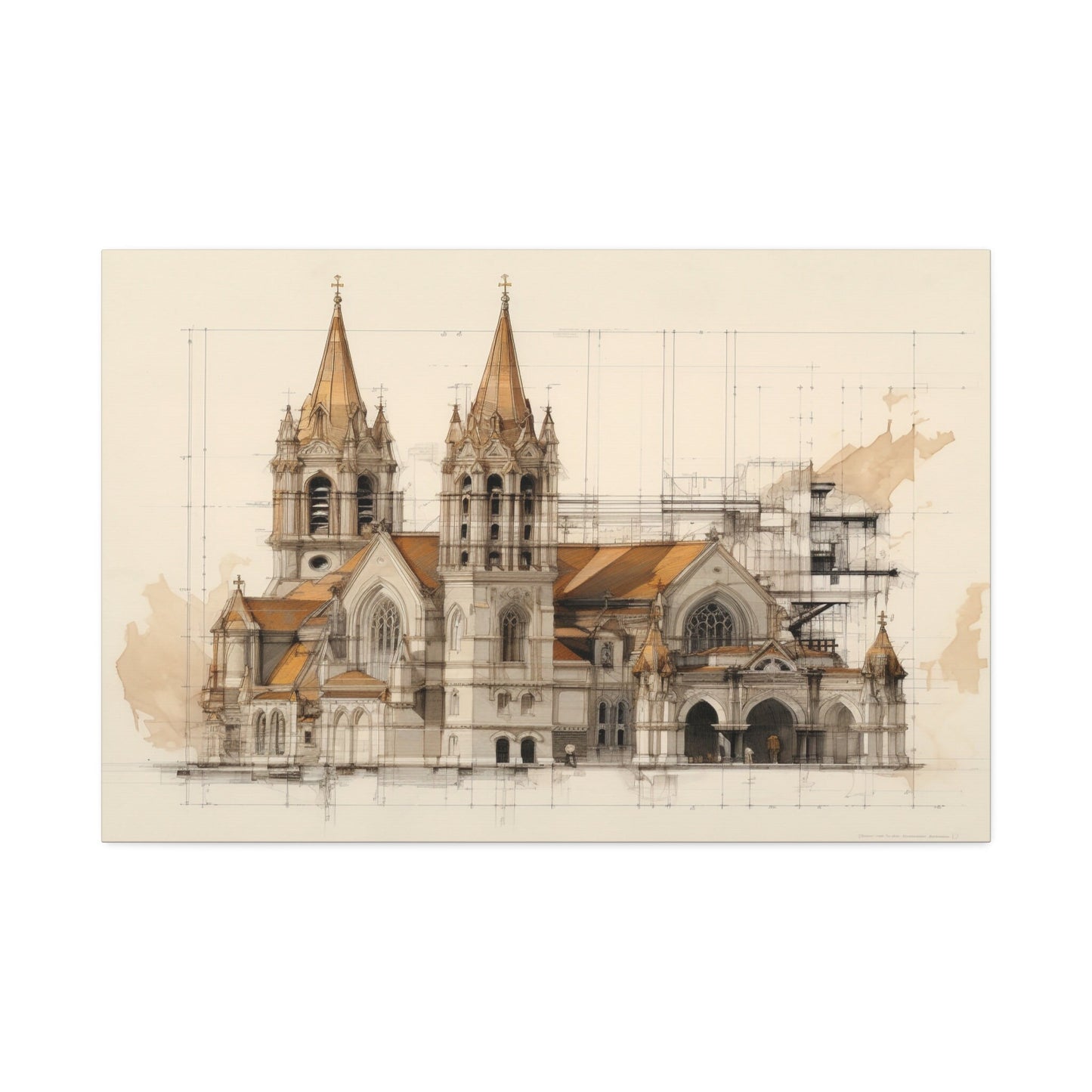 Unique wall art for college apartments or new homes | Architectural Drawing of a Church no.4 on weathered canvas | Ai Wall Art