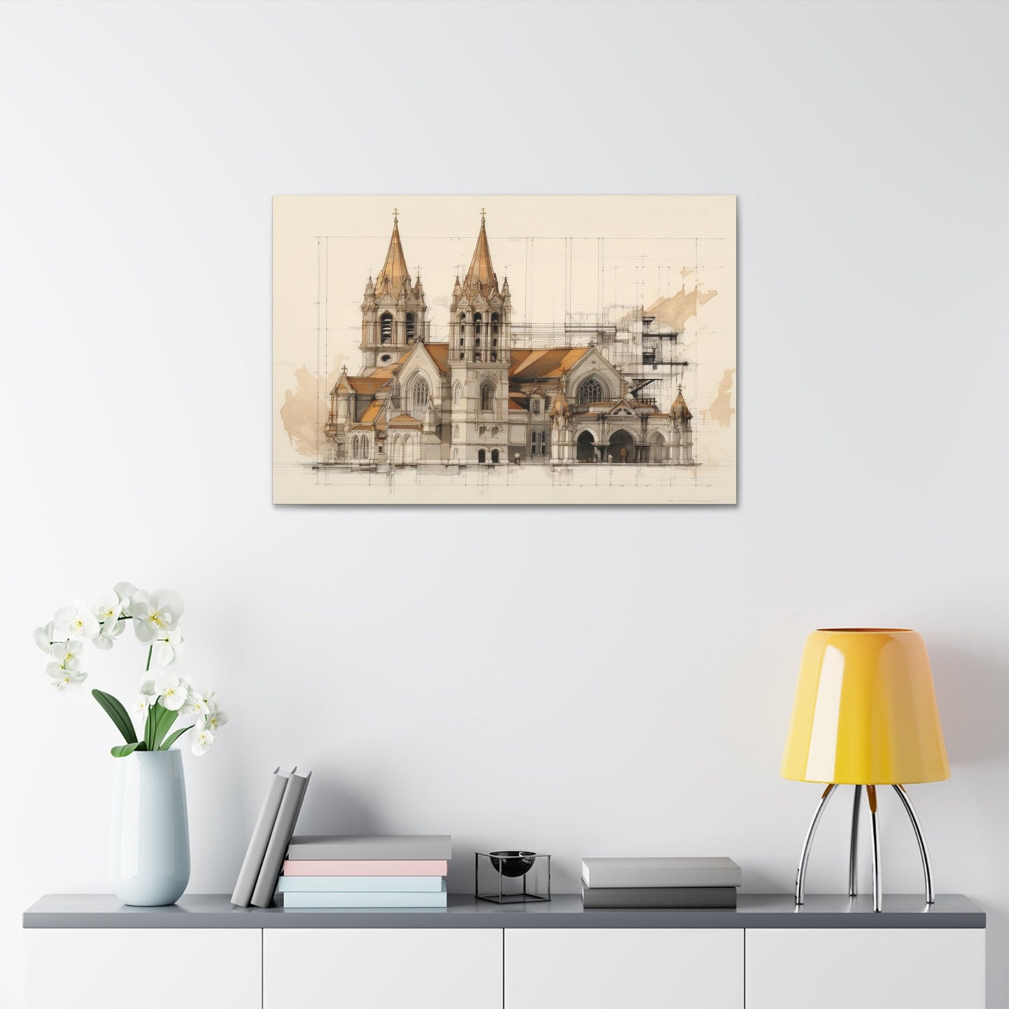 Unique wall art for college apartments or new homes | Architectural Drawing of a Church no.4 on weathered canvas | Ai Wall Art