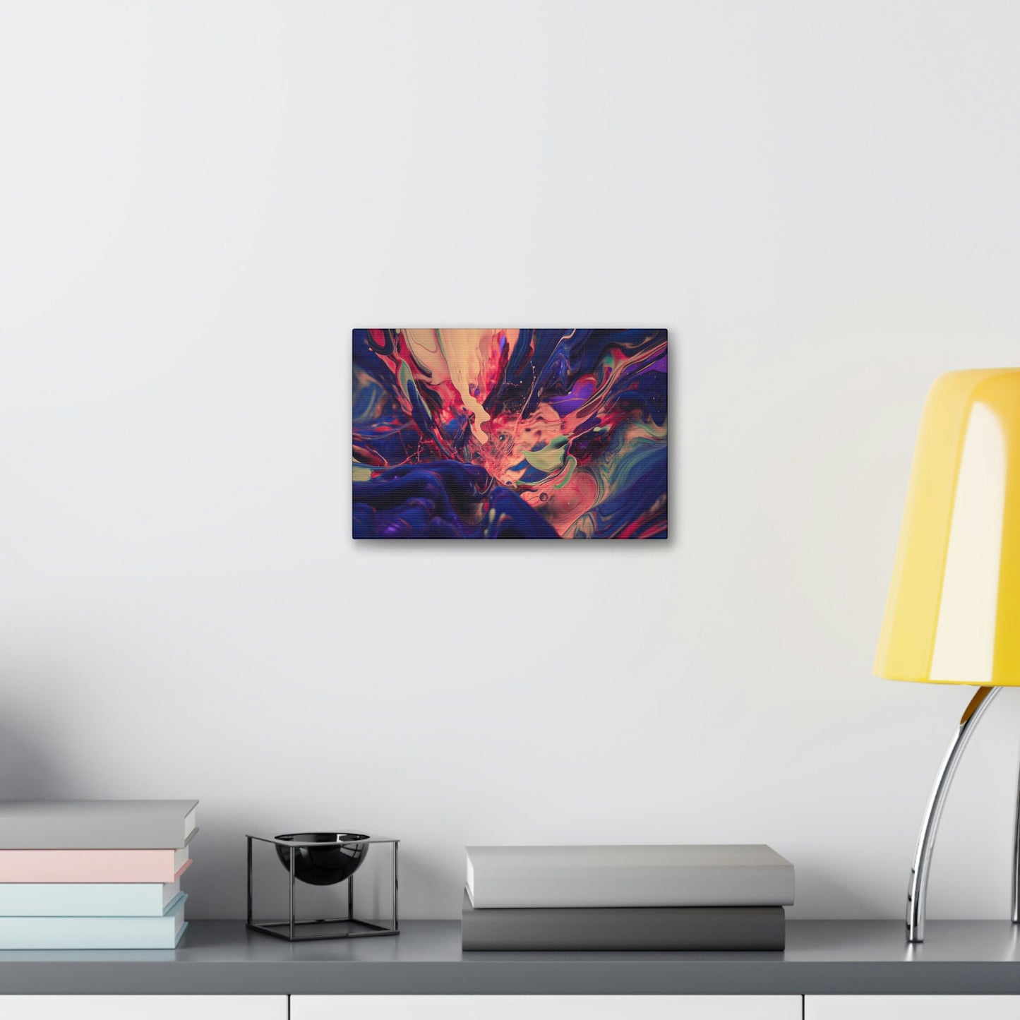 Purple Paint Tsunami: Ai Wall Art Print with purple, pink, peach, gray and blue shades. Similar to acrylic pouring technique, 3D style.