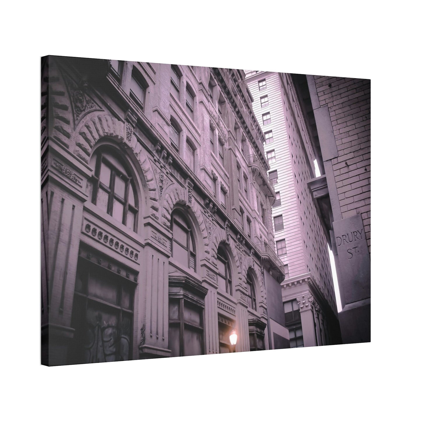 Lilac Universe of Drury Street. Slightly altered photograph of a Philadelphia street. Hints of purple and orange with a tilted perspective.