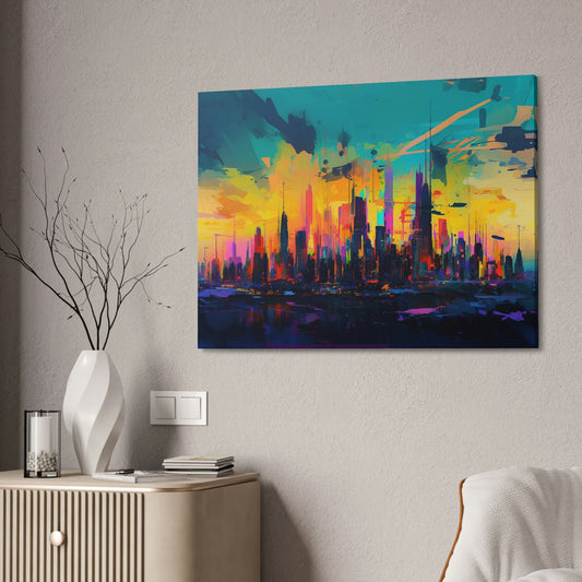 City skyline with a backdrop of bright neon colors exploding from a sunset. This impressionist style Ai Wall Art print makes an impact.