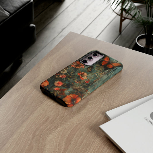 Perfect phone case. Orange and Teal Oil painted flowers and butterflies. Dark & Somber. Floral artwork, vintage. Samsung and Google phones.
