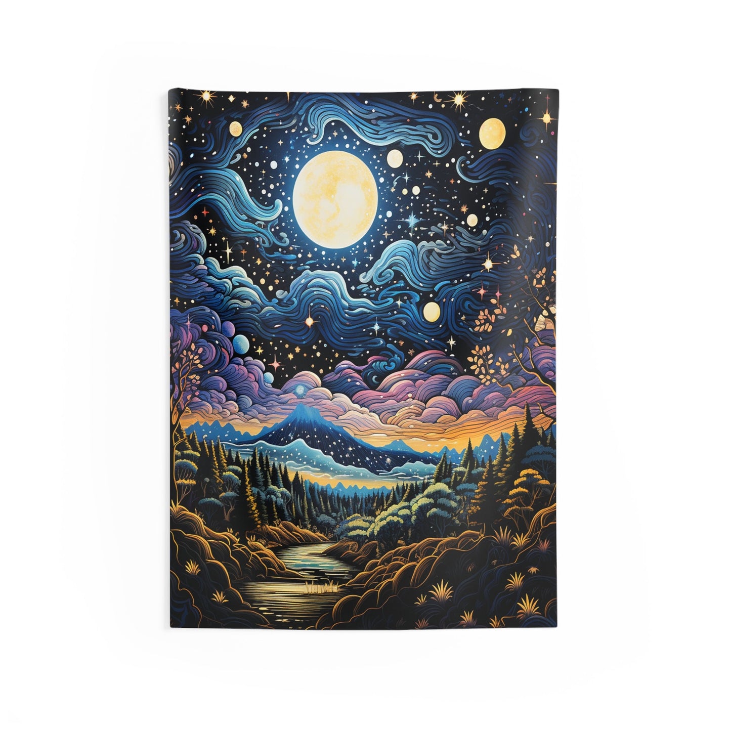 Trippy Moon and Stars Landscape Indoor Wall Tapestries for all your Smoker Friends. Unique AI Art designs for your dorm or chillout rooms.