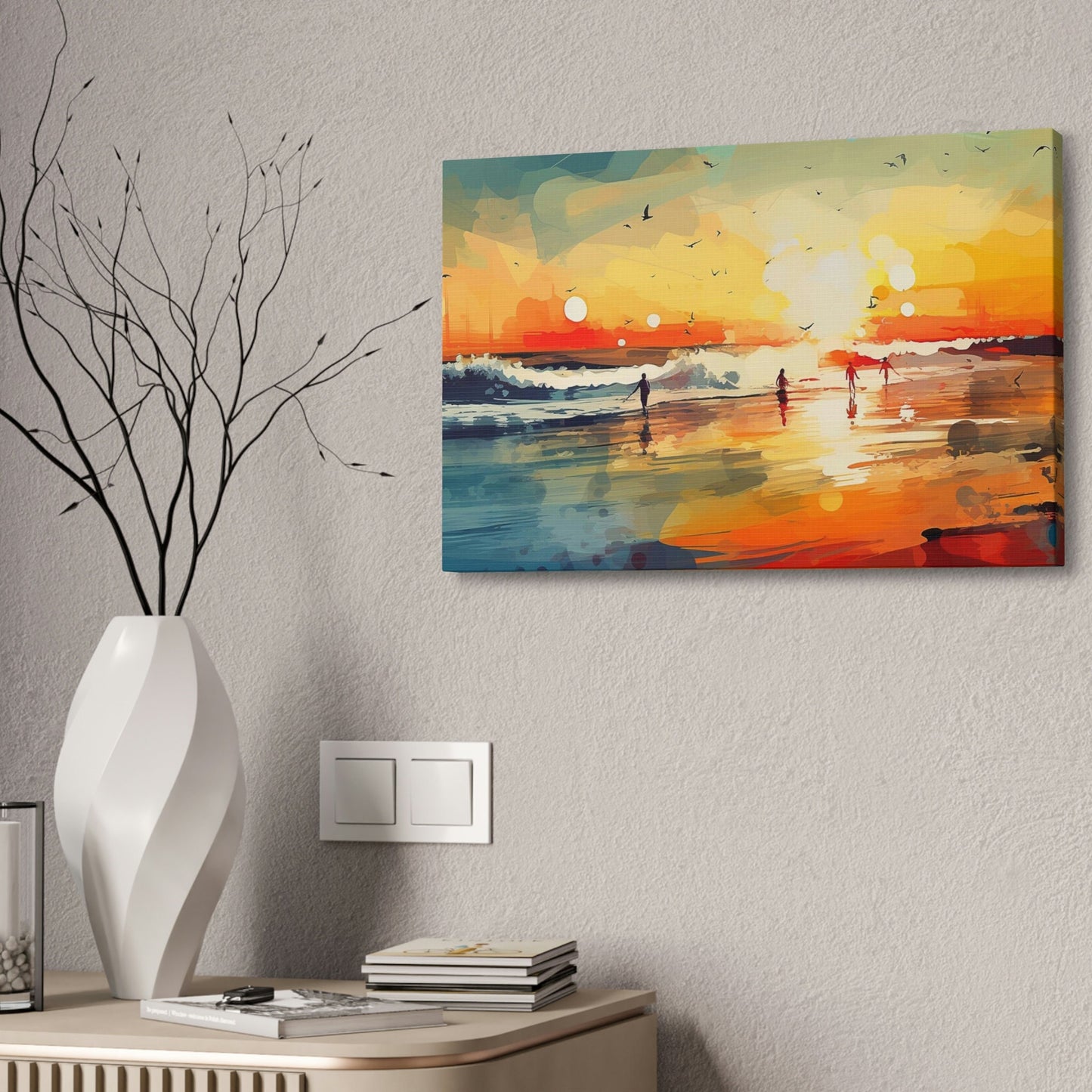 Surfer's Sunset Paradise. Ai Wall Art Impressionist style Painting Print showing a brilliant oceanside sunset .