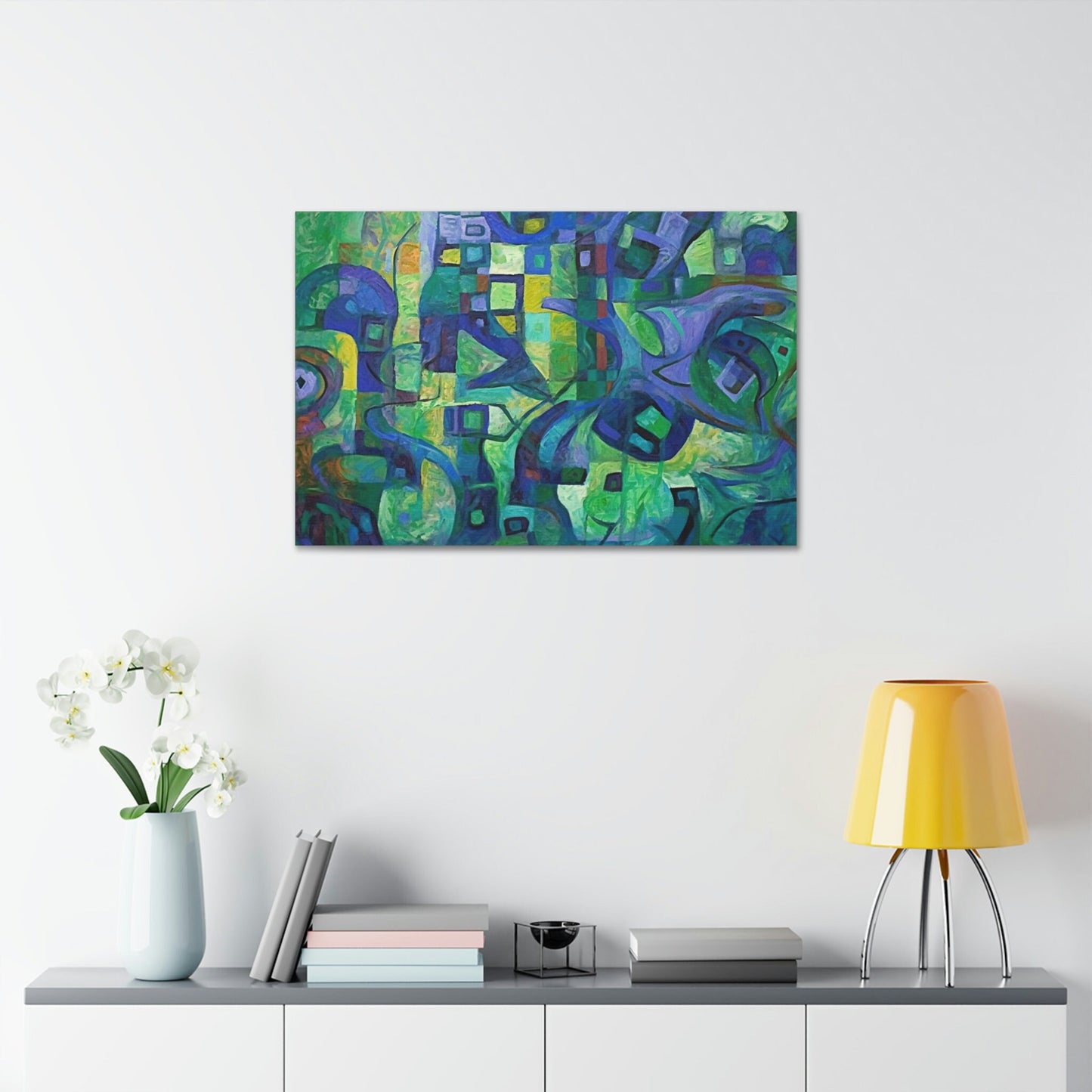 The Octopus: Ai Generated Abstract Painting Style Wall Art. Brightly colored piece. Will brighten up a dull room. Green & purple highlights.