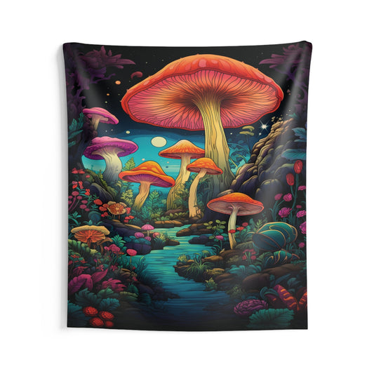 Whimsical Forest Mushroom Wall Tapestry - Vibrant Psychedelic Art Decor for Home & Dorm. Trippy mushroom and outdoor scene.