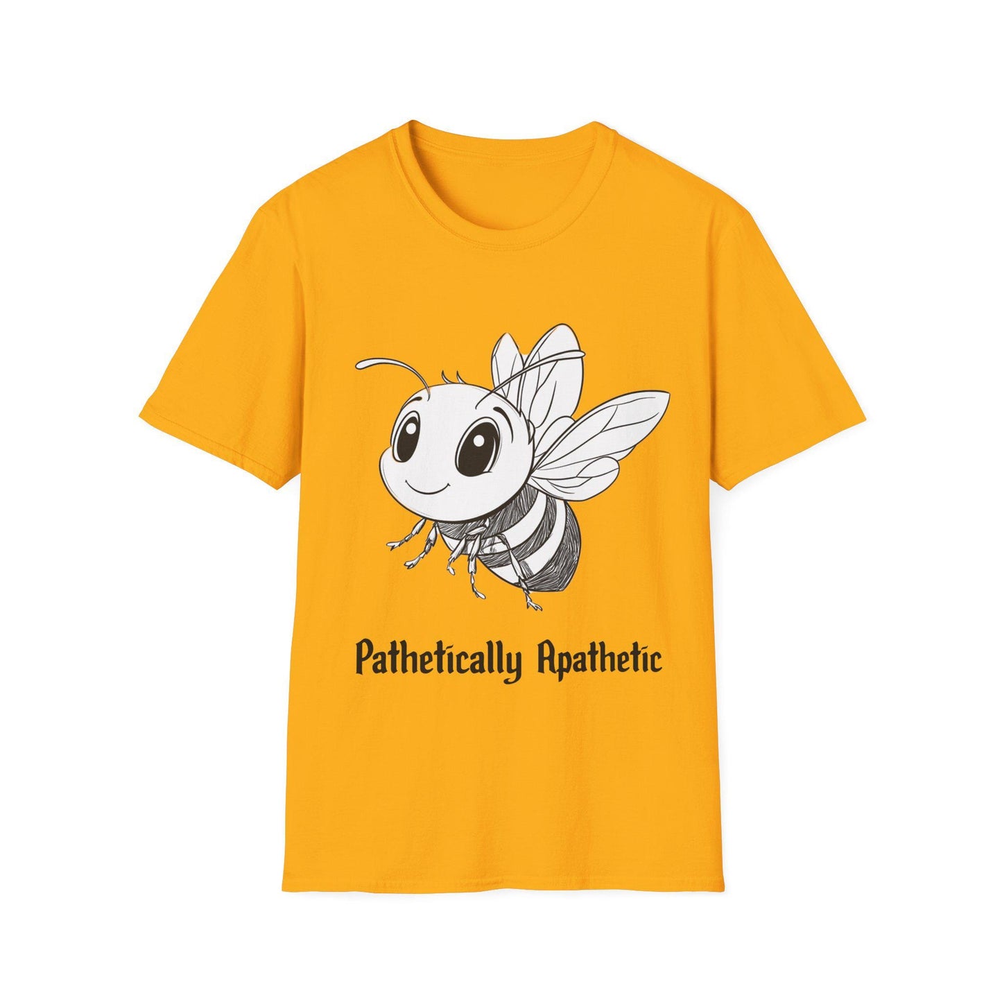 Funny Smiling Bee Unisex Softstyle T-Shirt, Cartoon Pencil, 'Pathetically Apathetic' Tee, Gift for Bee Lover, Humor Graphic Shirt