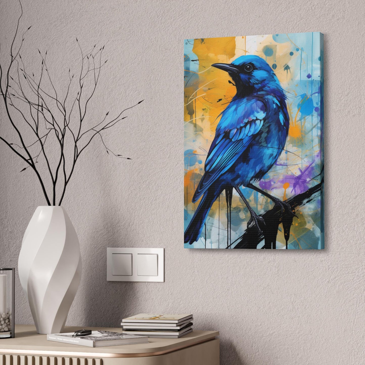 Canvas Stretched Wall Art, Blue Bird on Colorful Abstract Background, Art Print, Home Decor, Gallery Wrapped Canvas, Bird Lover Gift
