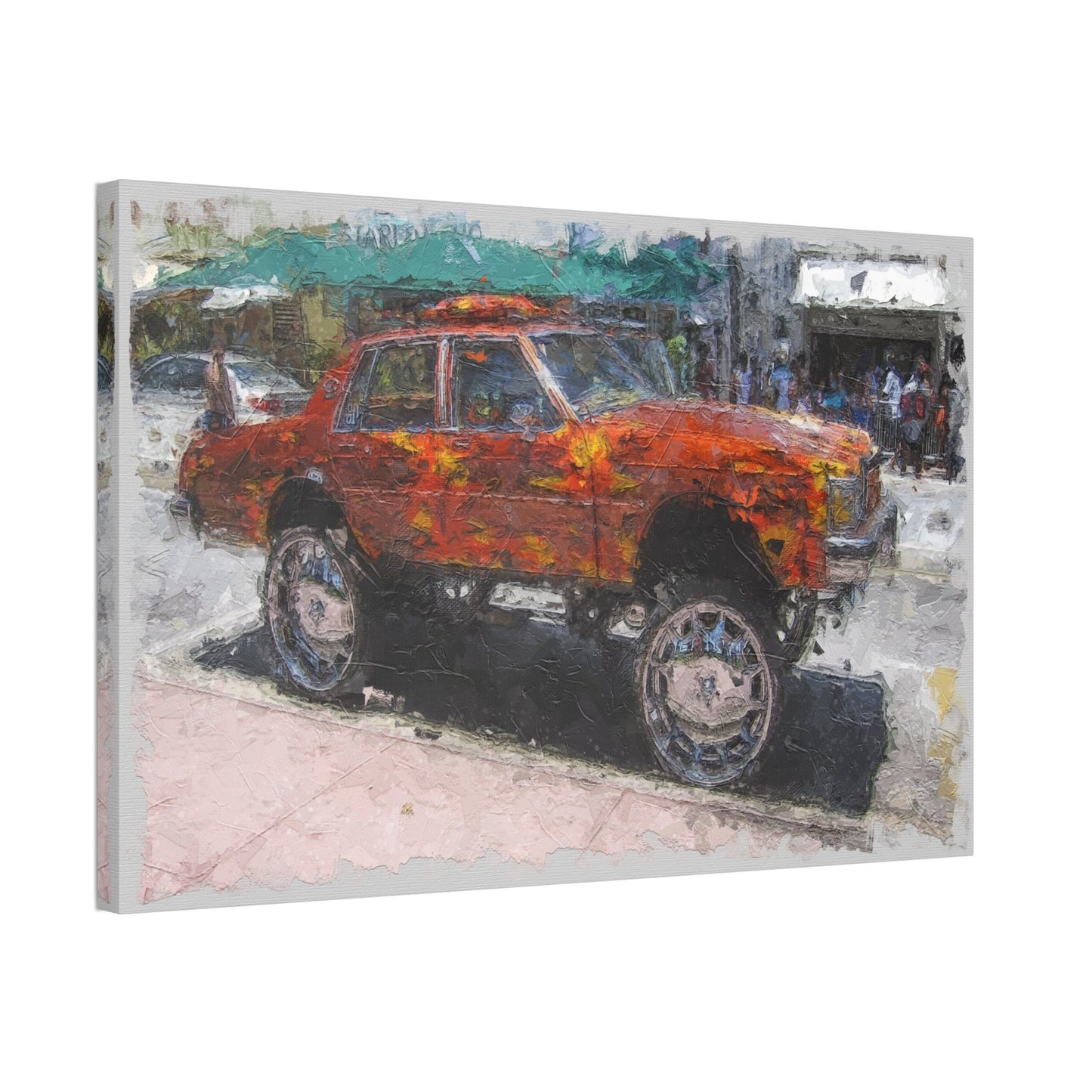 Unique College Dorm or New Apartment Wall Art | Oil Painted Car with Huge Rims. Ai generated.