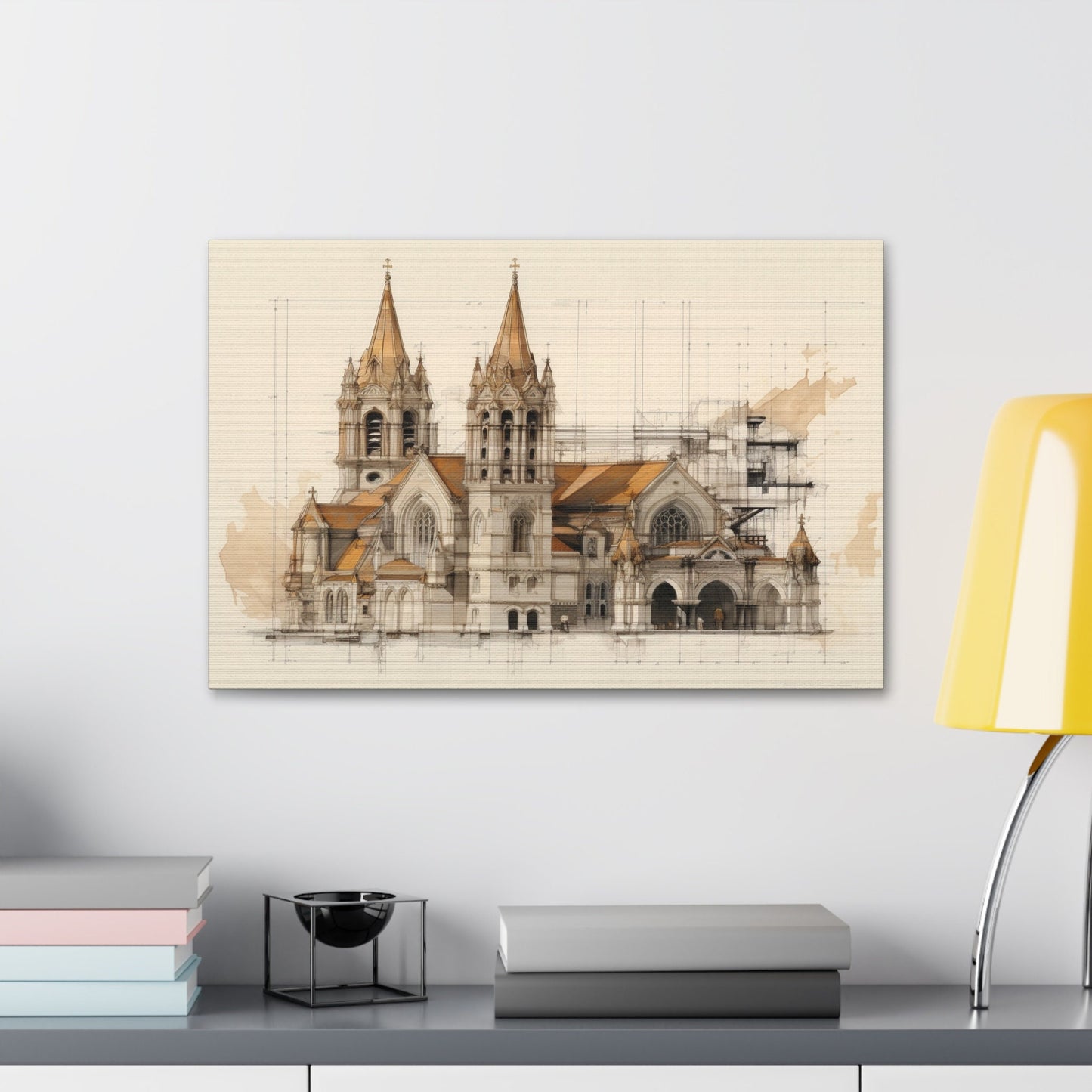 Unique wall art for college apartments or new homes | Architectural Drawing of a Church no.4 on weathered canvas | Ai Wall Art
