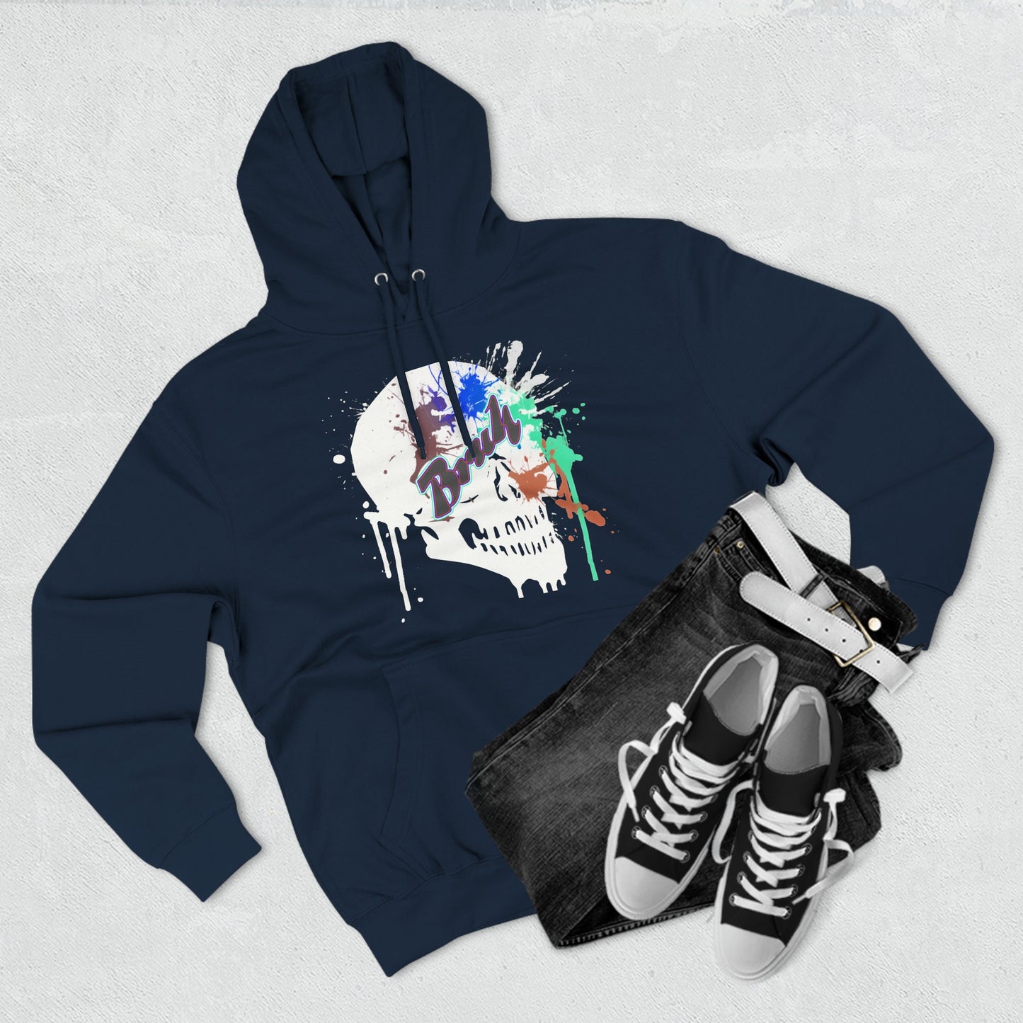 Strange and Unique sweatshirt that will have everyone talking. Bruh Skull with graffiti splash.  Unisex Premium Pullover Hoodie.