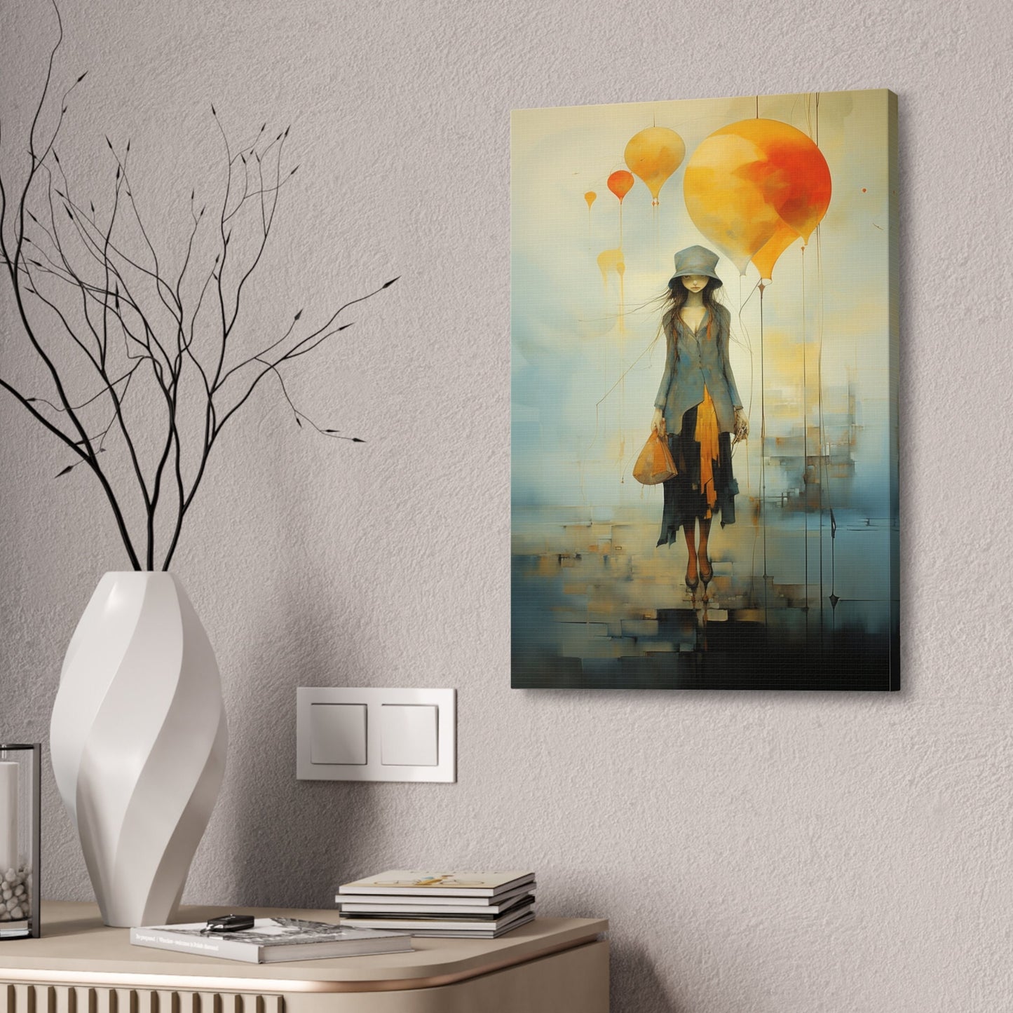 Elegant Girl with Balloons Wall Art | Whimsical and Surreal Canvas Print for Home Decor or college dorm room. Imperfect and Beautiful piece.
