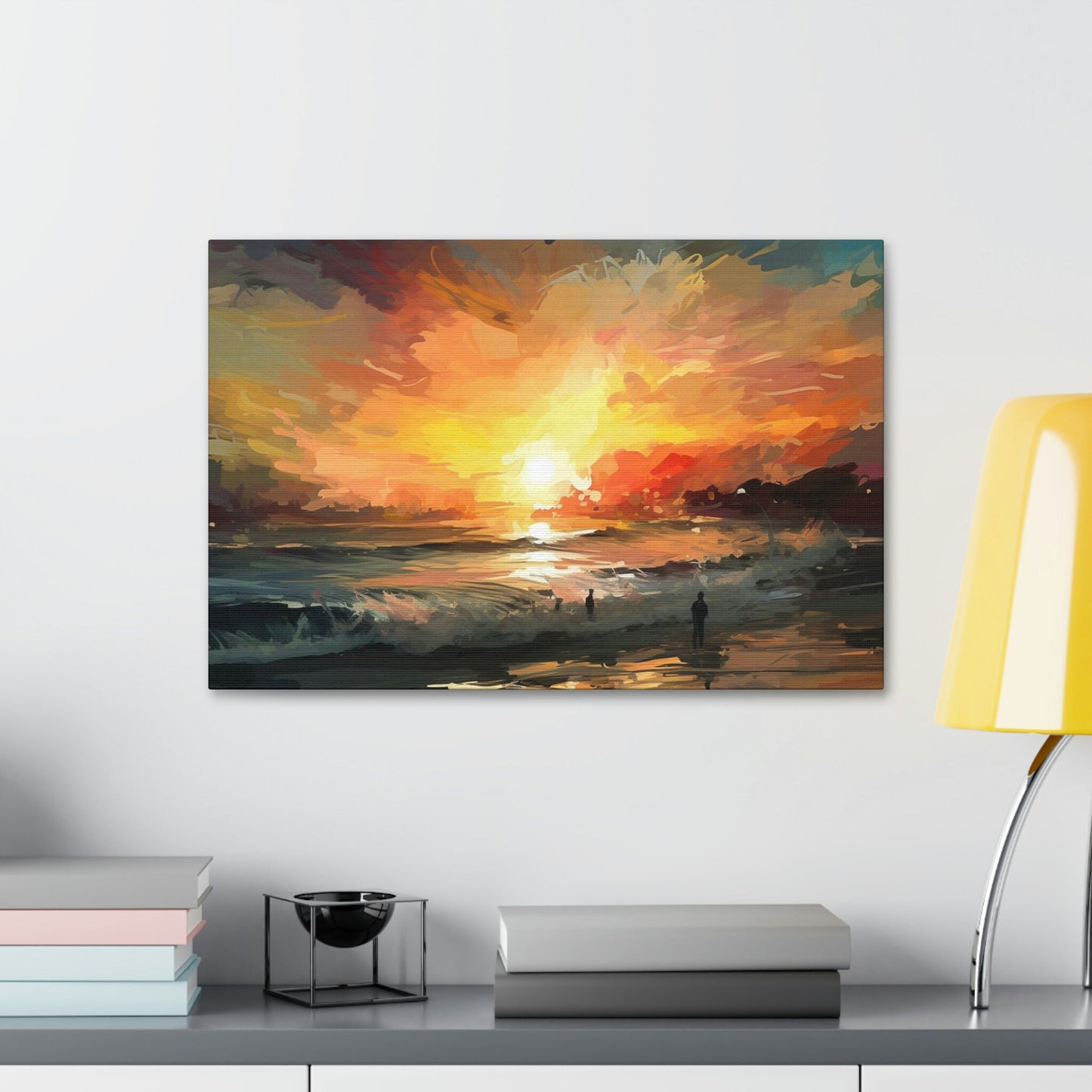 Unique wall art for college apartments or new homes | The Sky is on FIRE, Let's Surf!. Ai Art of a fiery sunset over the ocean.