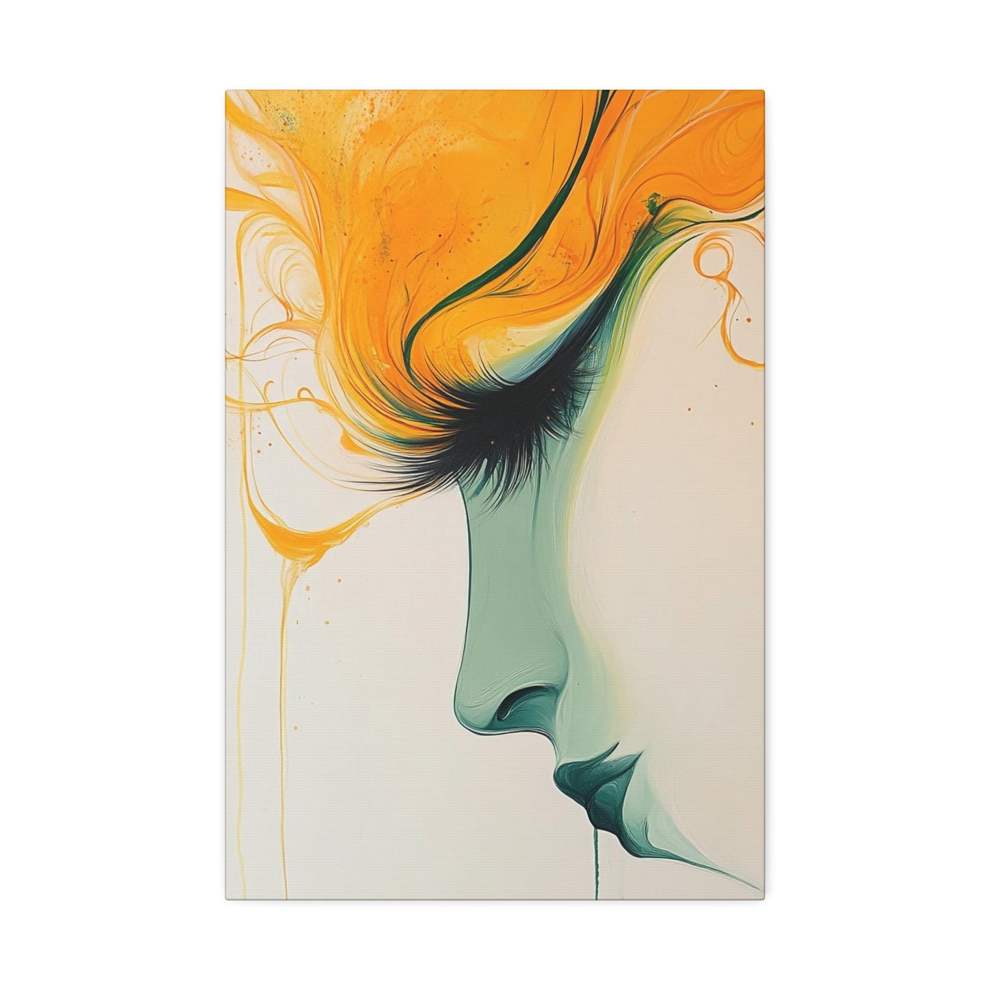 Canvas Stretched, Abstract Portrait Painting, Yellow Teal Wall Art, Modern Home Decor, Female Face Artwork, Large Canvas Print