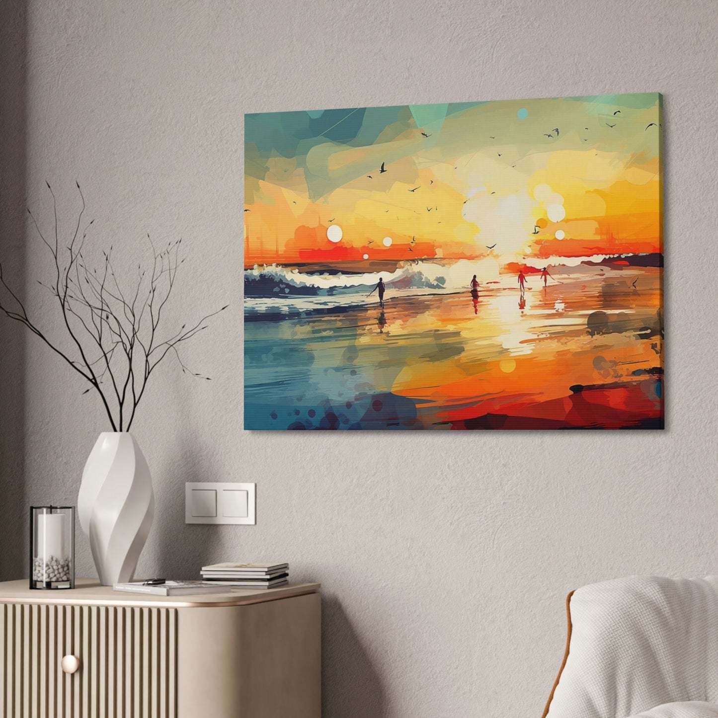 Surfer's Sunset Paradise. Ai Wall Art Impressionist style Painting Print showing a brilliant oceanside sunset .