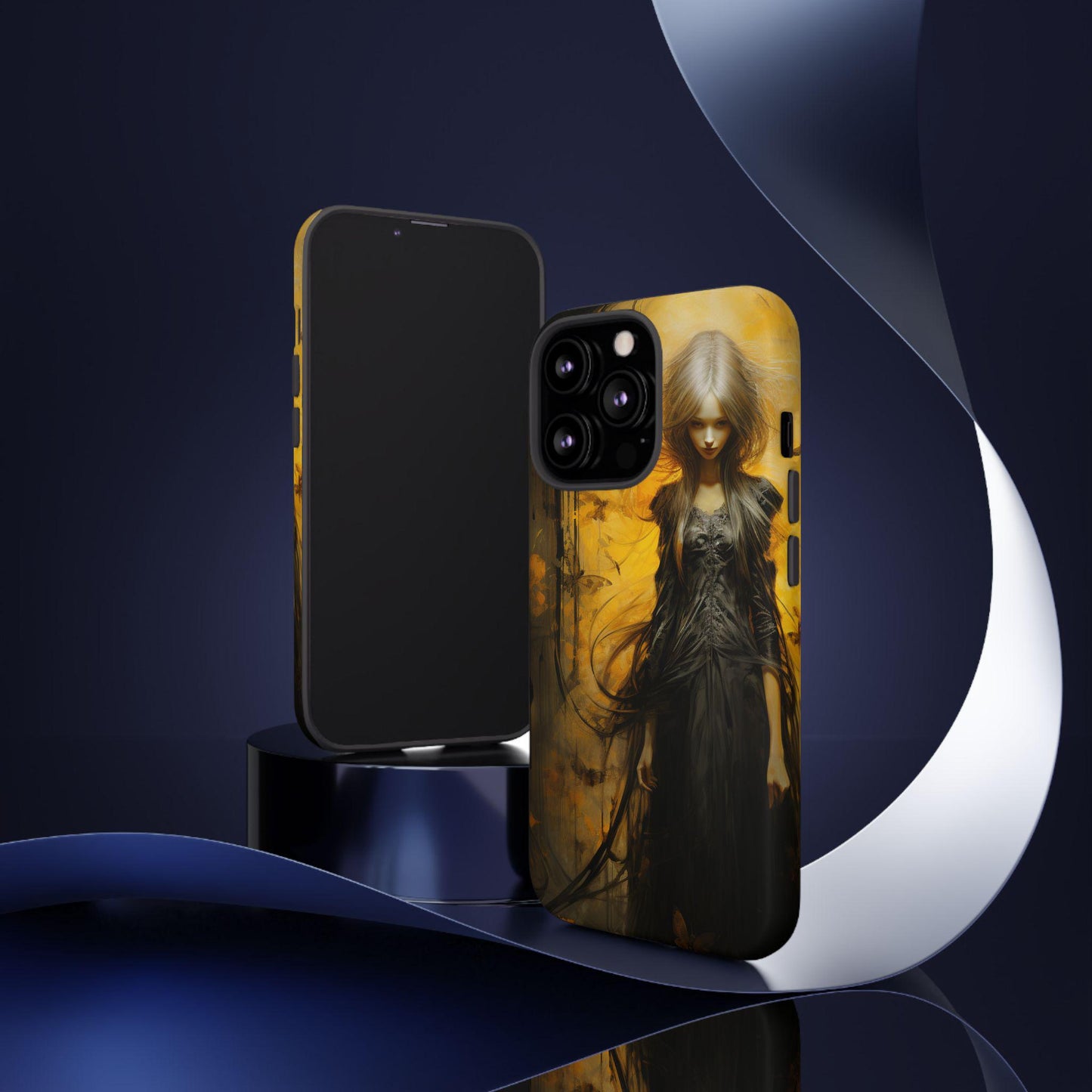 Phone Case, Creepy Girl in Black Dress Halloween Style on Yellow Gloss/Matte Cover, Spooky Gothic Design, Scary Witch Samsung/iPhone Case,