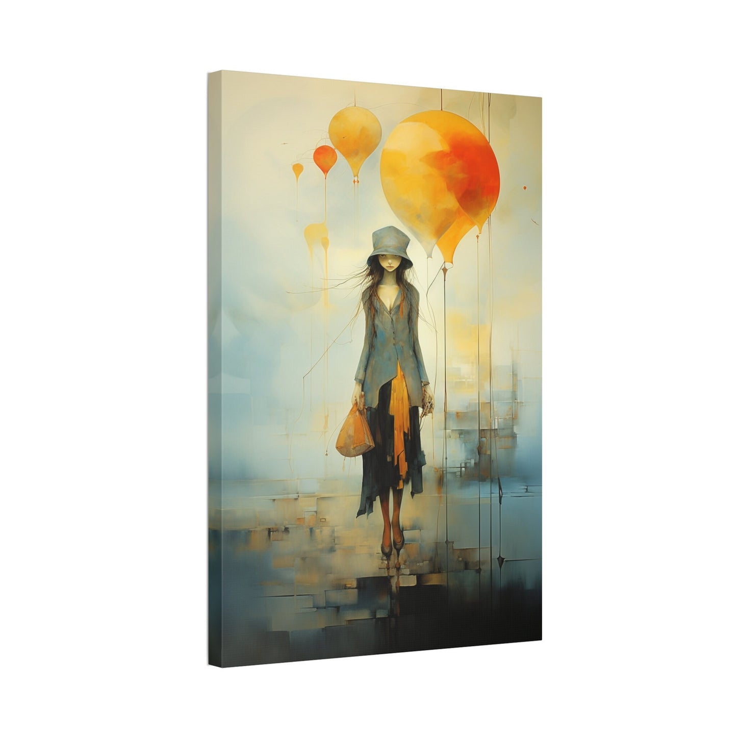 Elegant Girl with Balloons Wall Art | Whimsical and Surreal Canvas Print for Home Decor or college dorm room. Imperfect and Beautiful piece.
