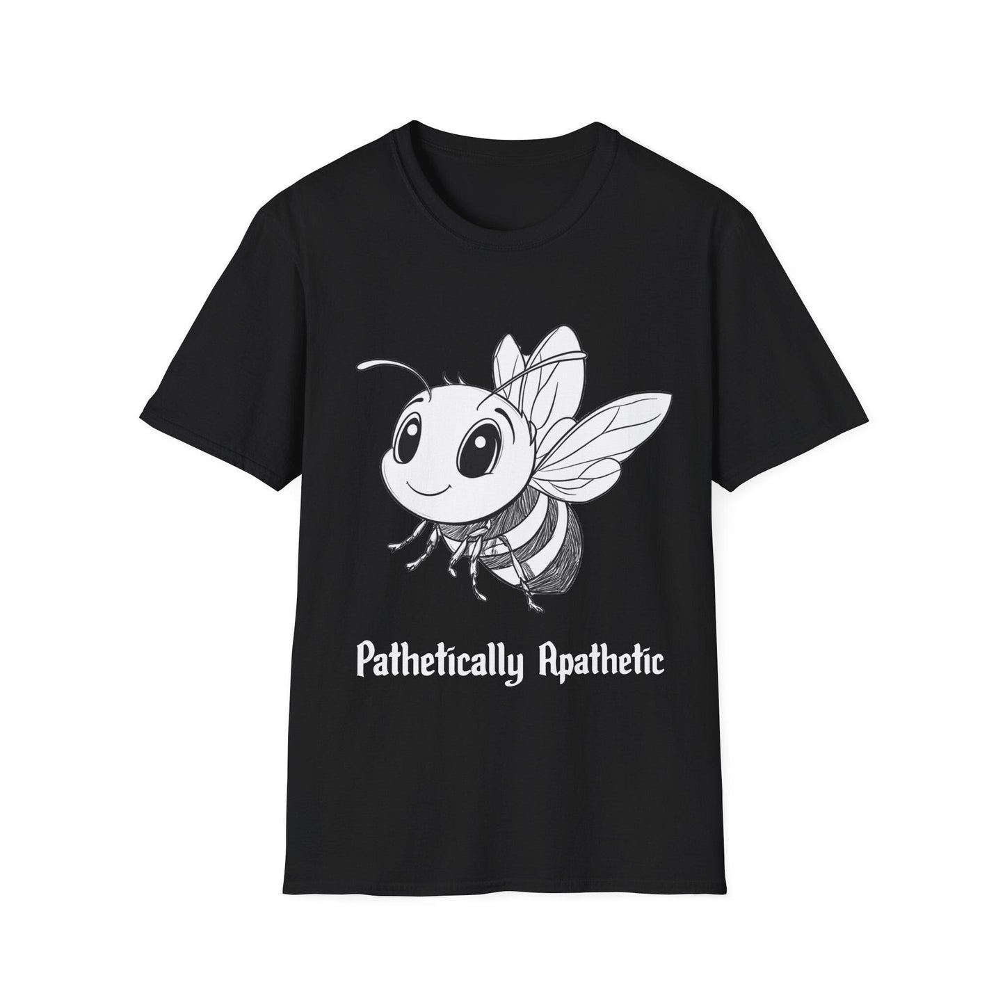 Funny Smiling Bee Unisex Softstyle T-Shirt, Cartoon Pencil, 'Pathetically Apathetic' Tee, Gift for Bee Lover, Humor Graphic Shirt