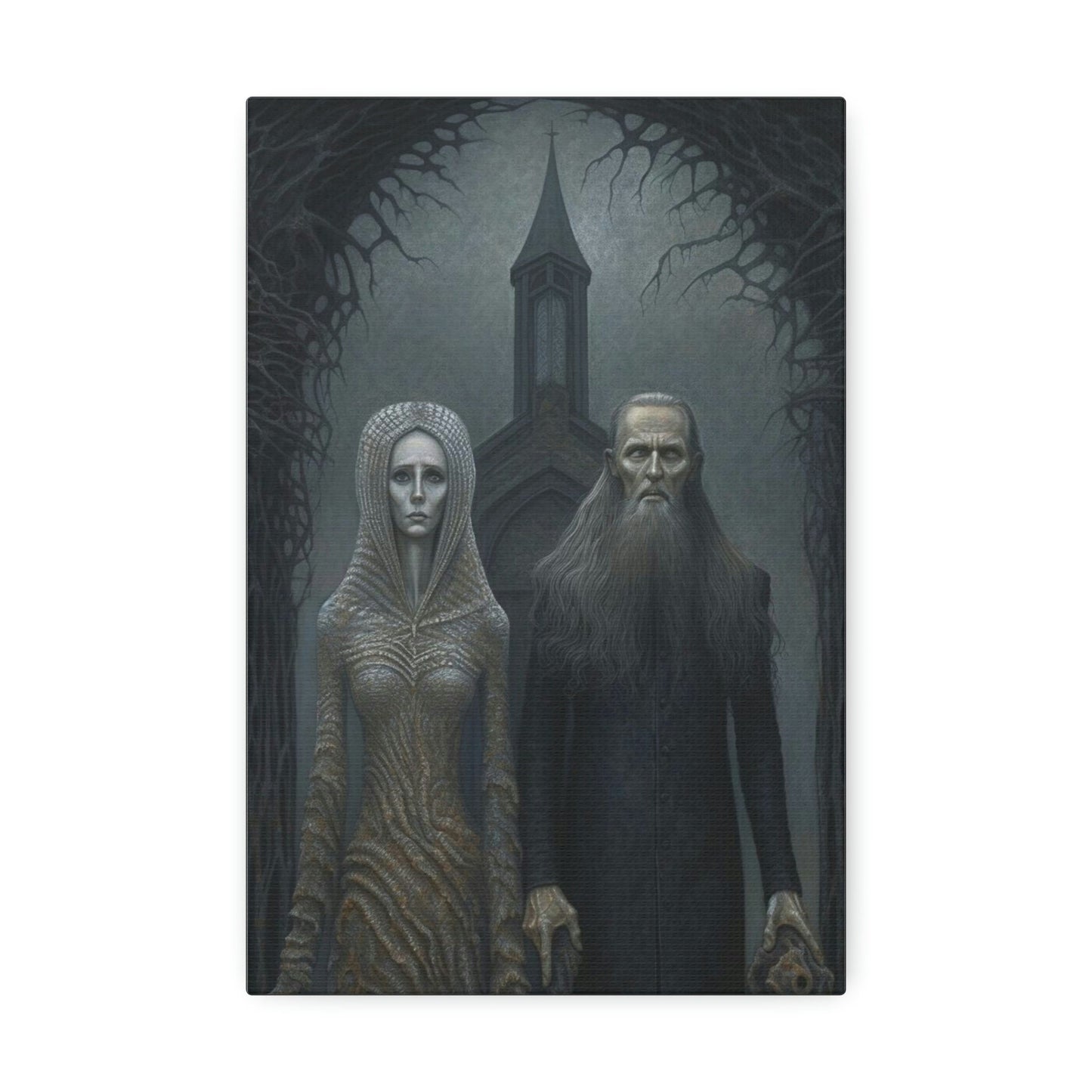 Unique wall art for college apartments or new homes | Gothic American Gothic: AI version of the classic masterpiece. A haunting gift.