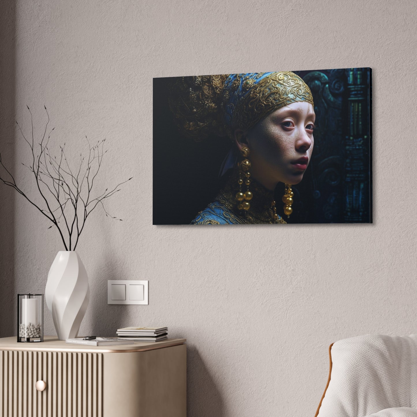 Ai Wall Art: Reimagined Photorealistic version of the Vermeer masterpiece, Girl with a Pearl Earring. Alternative POV with an alien twist.
