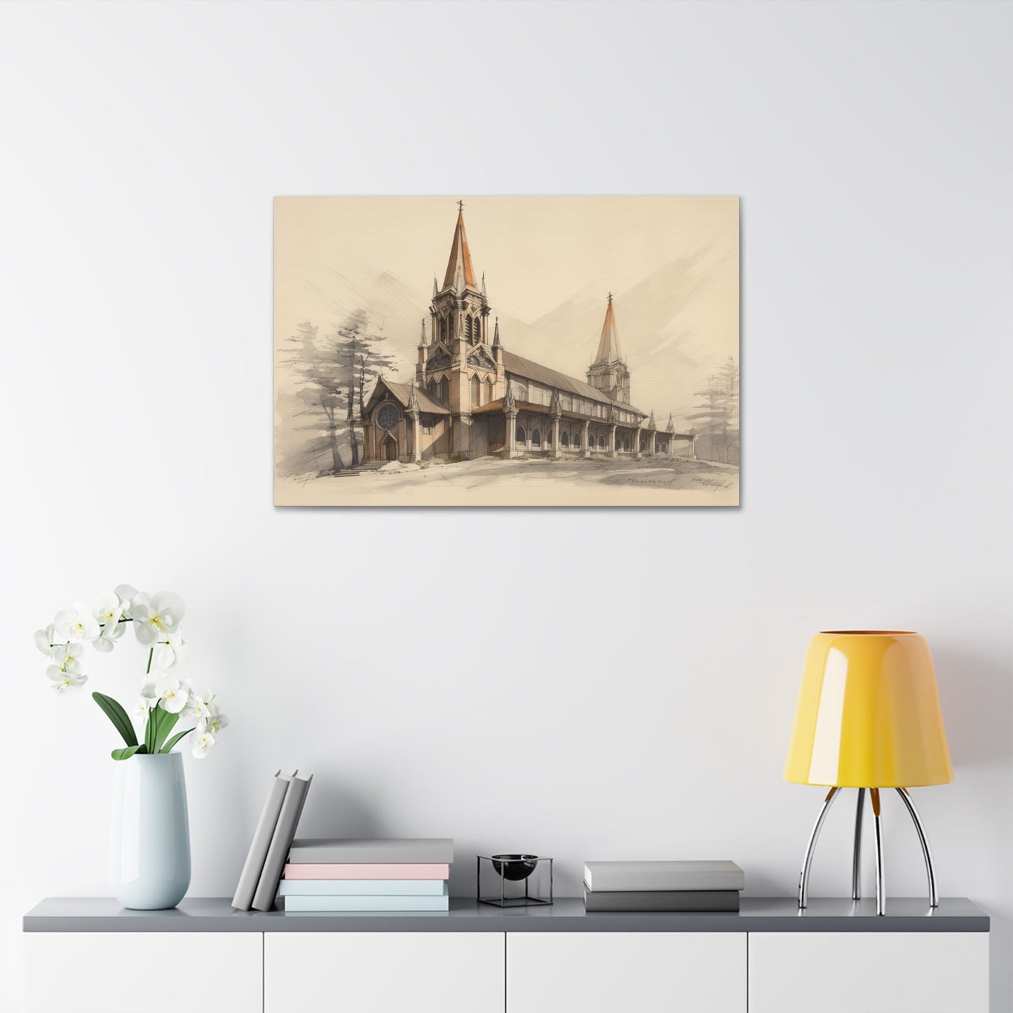 Unique wall art for college apartments or new homes | Architectural Drawing of a Church no.1 on weathered canvas | Ai Wall Art