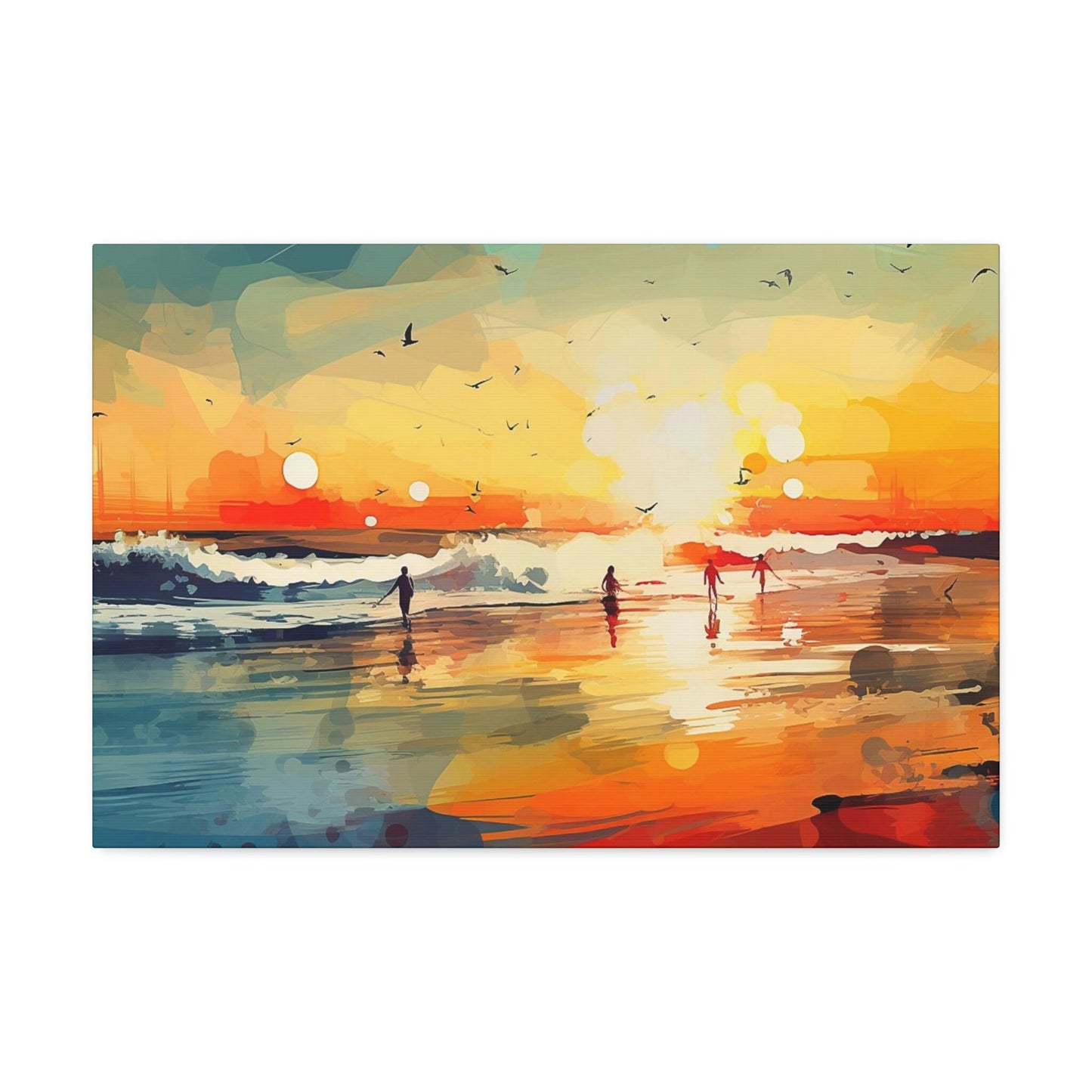 Surfer's Sunset Paradise. Ai Wall Art Impressionist style Painting Print showing a brilliant oceanside sunset .