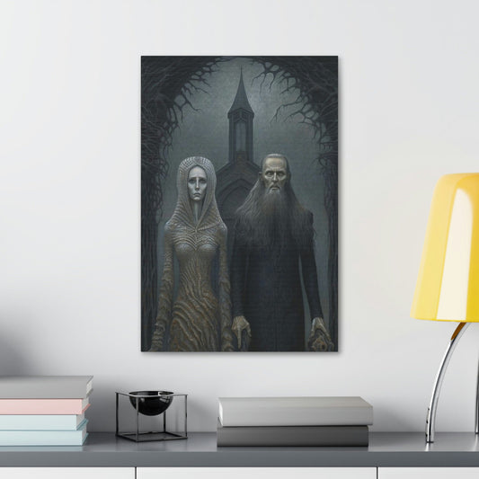 Unique wall art for college apartments or new homes | Gothic American Gothic: AI version of the classic masterpiece. A haunting gift.