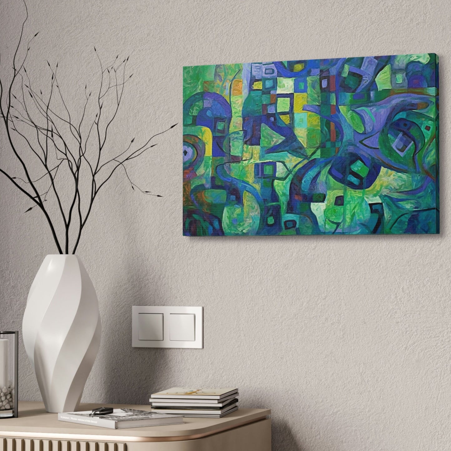 The Octopus: Ai Generated Abstract Painting Style Wall Art. Brightly colored piece. Will brighten up a dull room. Green & purple highlights.