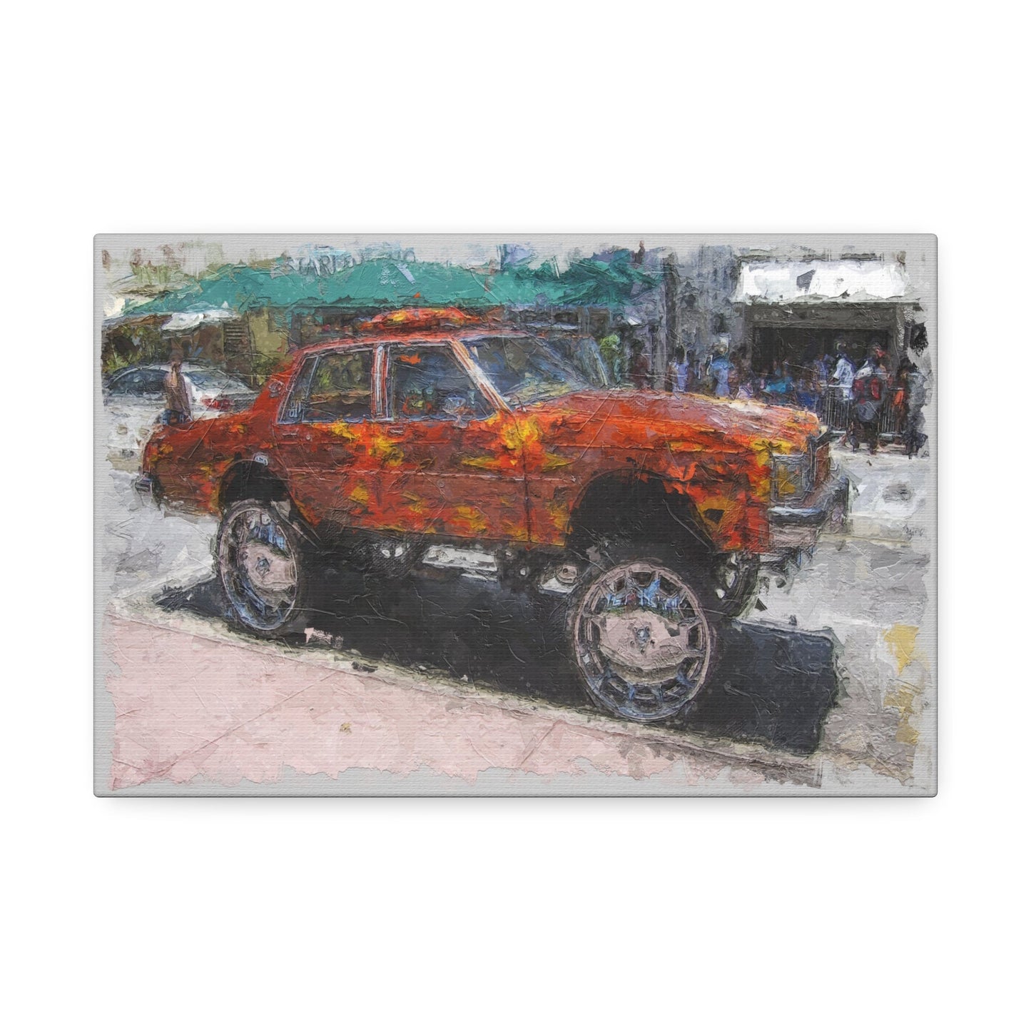 Unique College Dorm or New Apartment Wall Art | Oil Painted Car with Huge Rims. Ai generated.