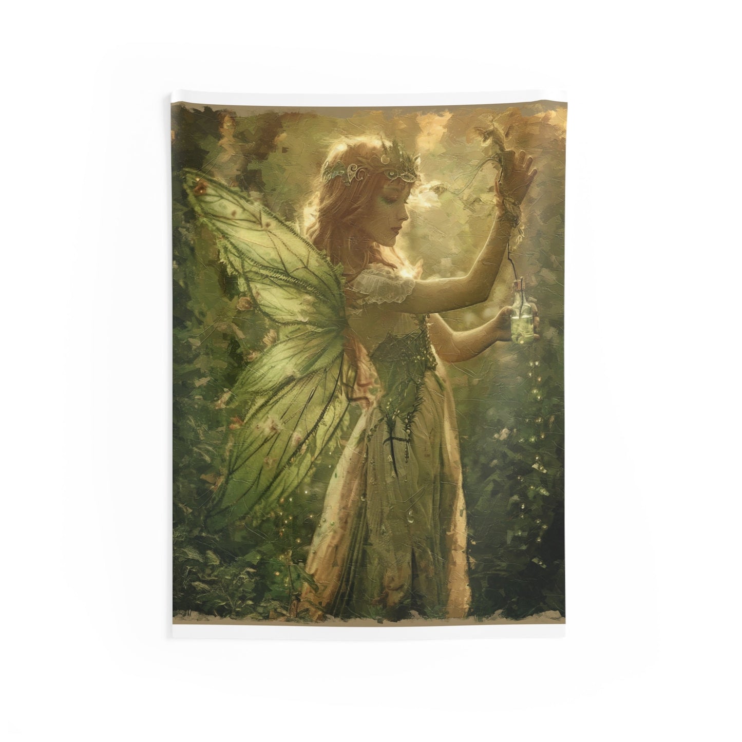 Green Fairy Tapestry: Oil Painted Wall Art