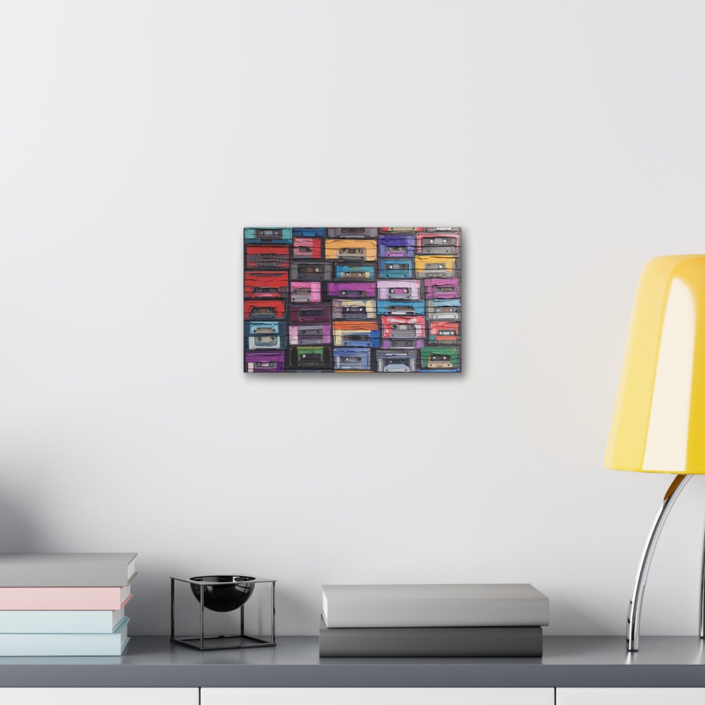 Unique College Dorm or New Apartment Wall Art | Print of textured painting of tapes, cassettes, 80's music. Ai generated.