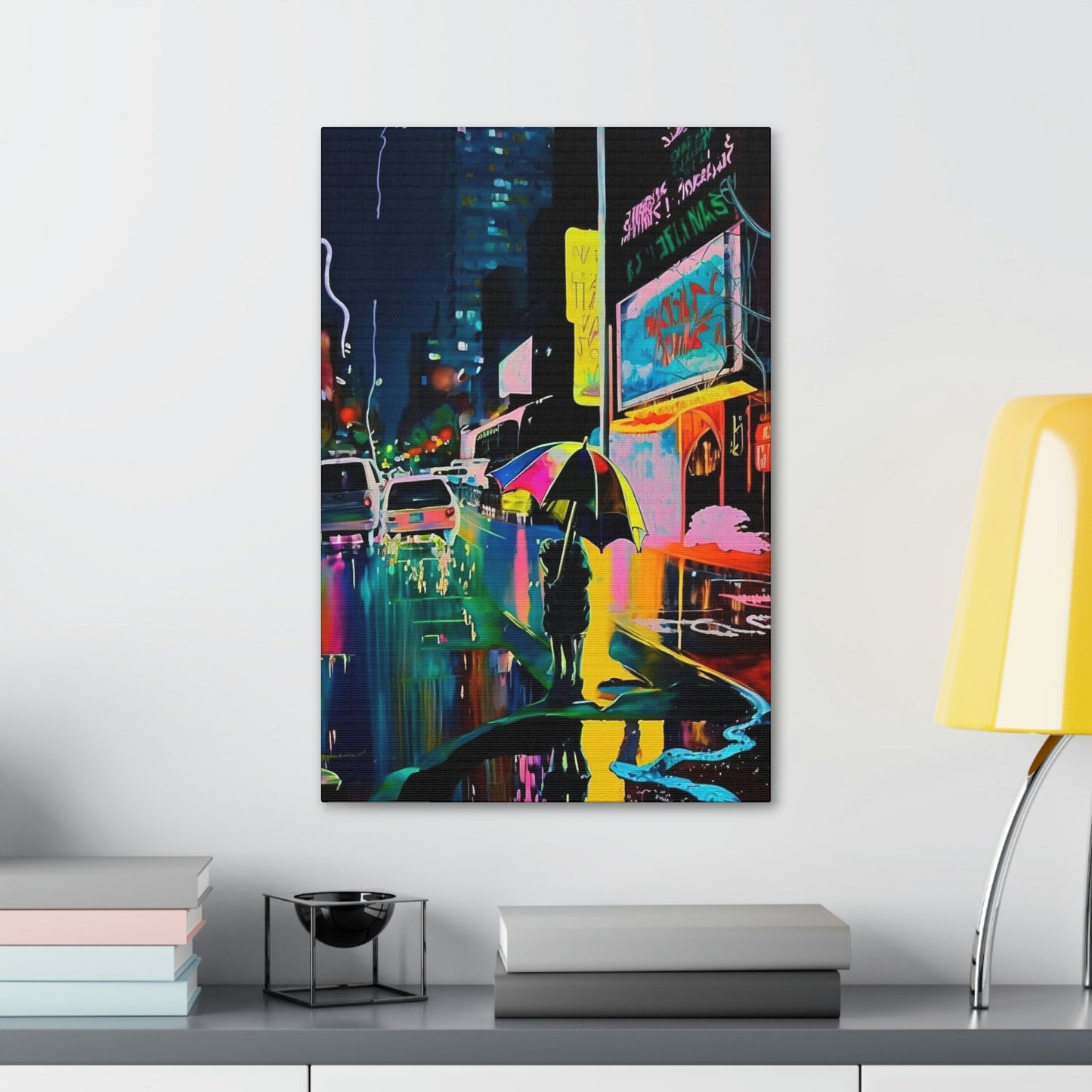 Neon city street scene. Brightly colored Ai Wall Art resembling an impressionistic painting similar to Japanese city art.
