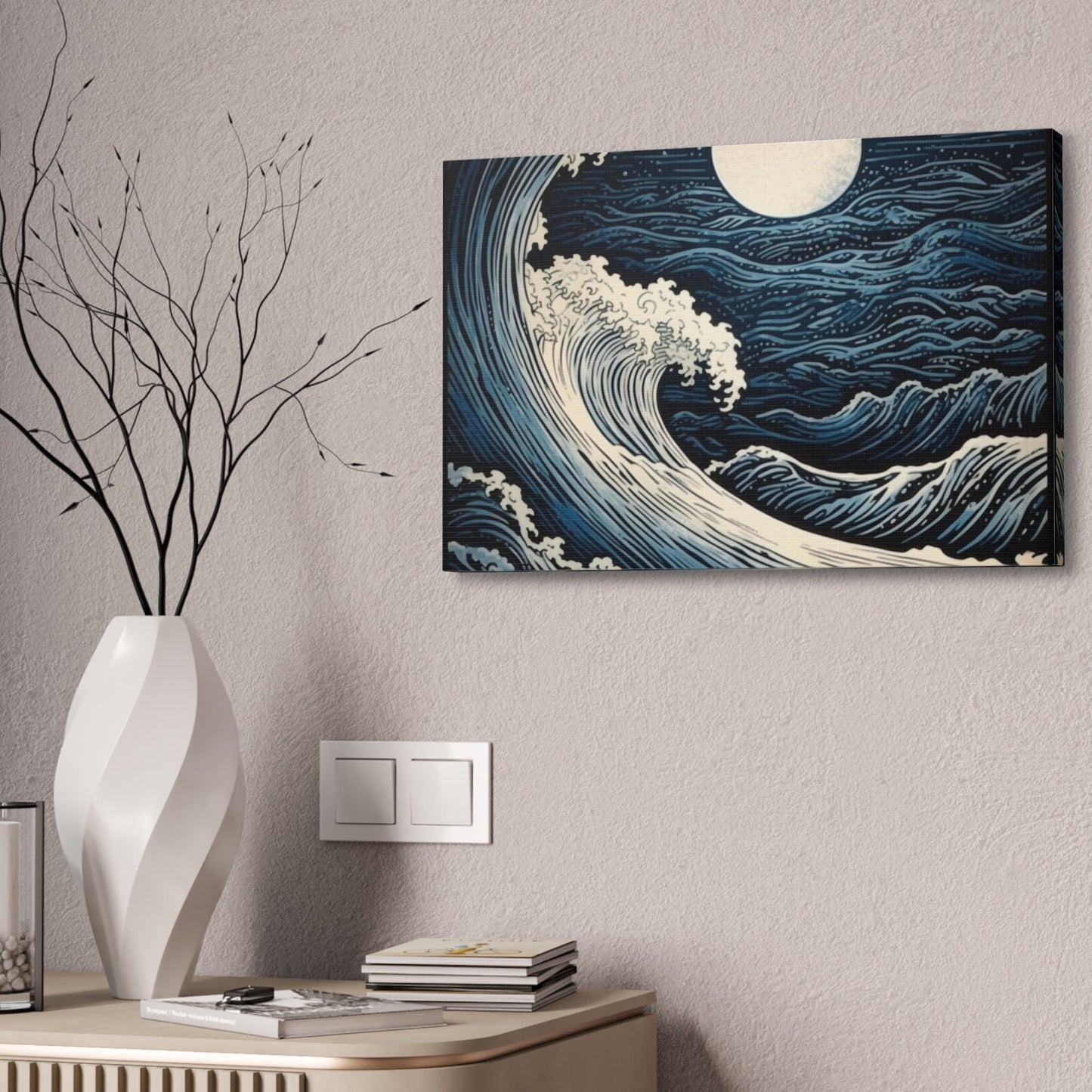 Unique wall art for college apartments or new homes | Navy Blue & White Ocean Wave Etching Print | Ai Wall Art for Personal Room or Office