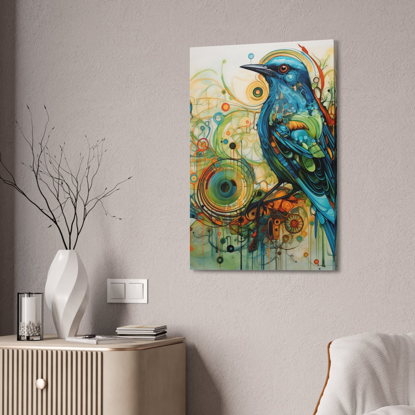 Unique College Dorm or New Apartment Wall Art | Abstract print of a Blue and Green Bird. Ai generated digital painting.