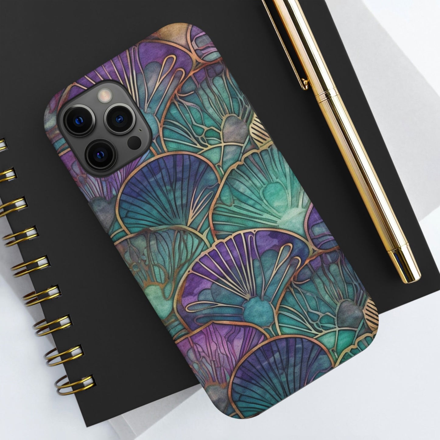 Ai Generated Art. Teal, Purple and Gold Stained Glass Shells : Tough Samsung Galaxy or iPhone Case